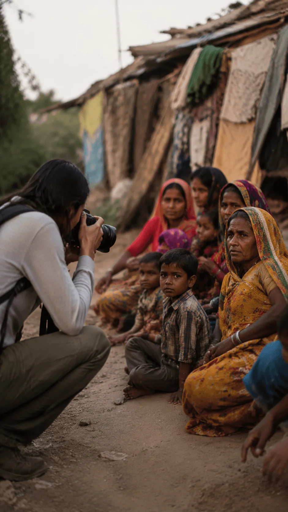 Ethical photography education showing a photographer respectfully documenting a rural community with families and children while capturing authentic human stories in a cultural environment with focus on consent and responsible storytelling