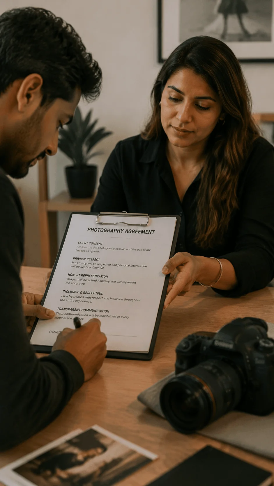 Ethical photography policies showing a photographer and client reviewing a photography agreement with consent privacy respect and transparent communication in a professional workspace with camera equipment