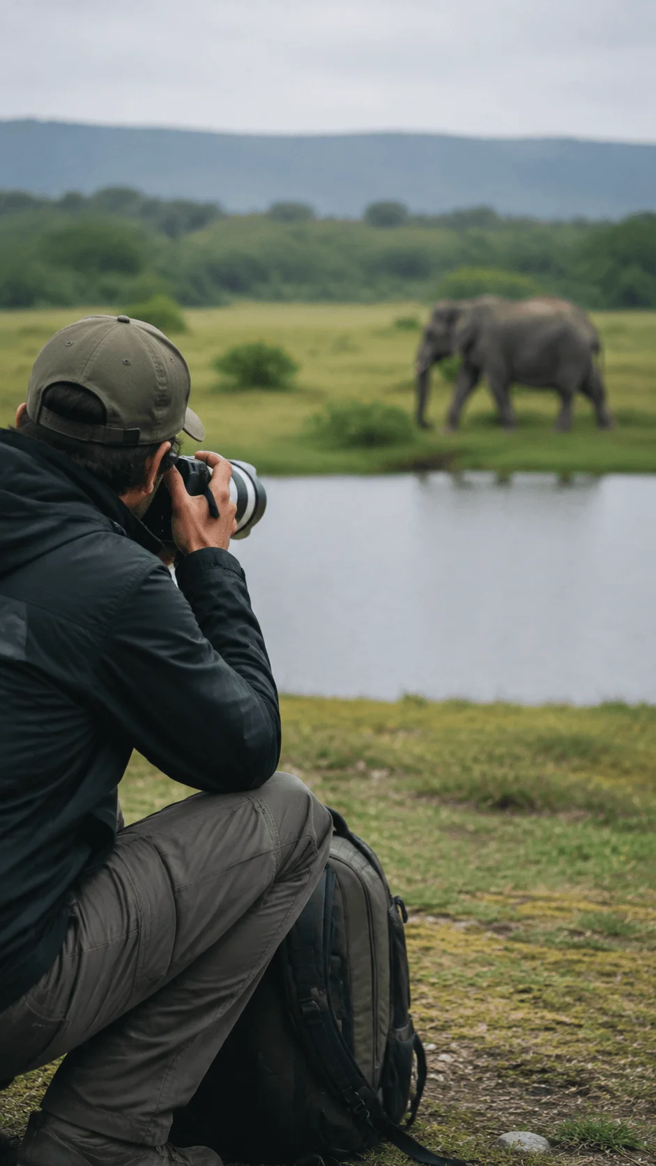 Wildlife photographer capturing an elephant in its natural habitat while maintaining a respectful distance in an ethical nature photography setting