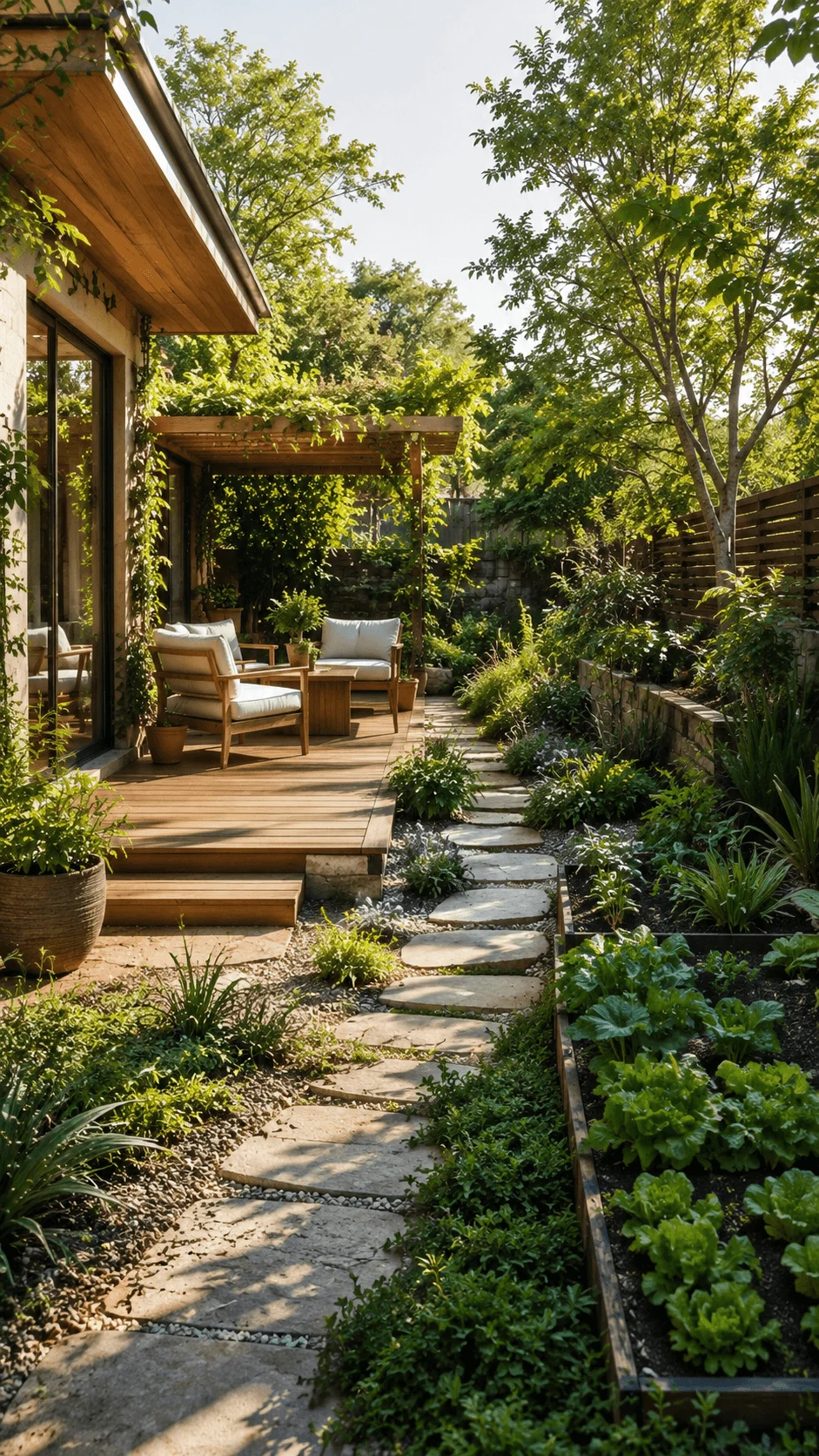 Sustainable outdoor living space with native plants, vegetable garden, wooden seating area, stone pathway, and a peaceful eco friendly backyard design