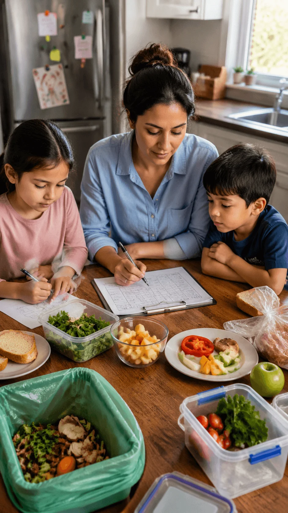Family practicing food waste sustainability by planning meals, sorting leftovers, and using reusable containers in a kitchen setting with children learning eco friendly habits