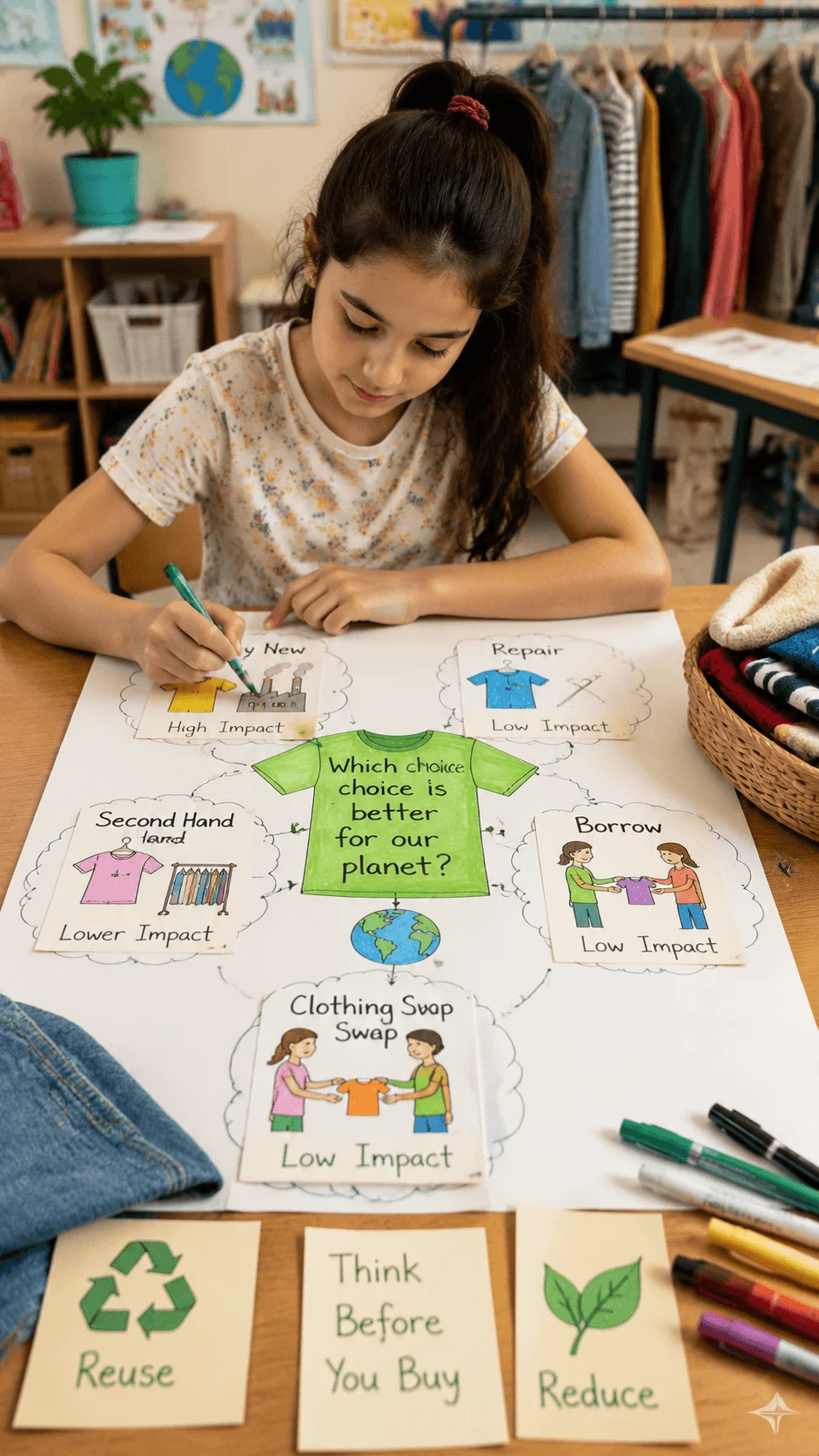 Child creating a fashion carbon footprint investigation poster comparing sustainable clothing choices such as repair reuse borrowing and second hand fashion options for the environment
