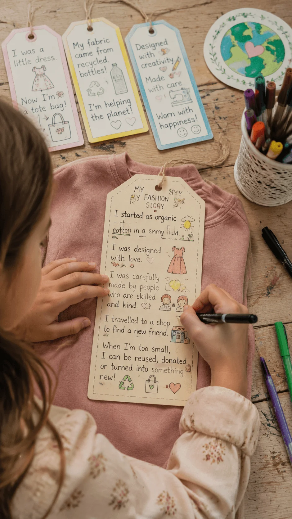 Child creating fashion storytelling labels that describe the journey of clothing from materials and design to reuse and recycling as a sustainable fashion activity
