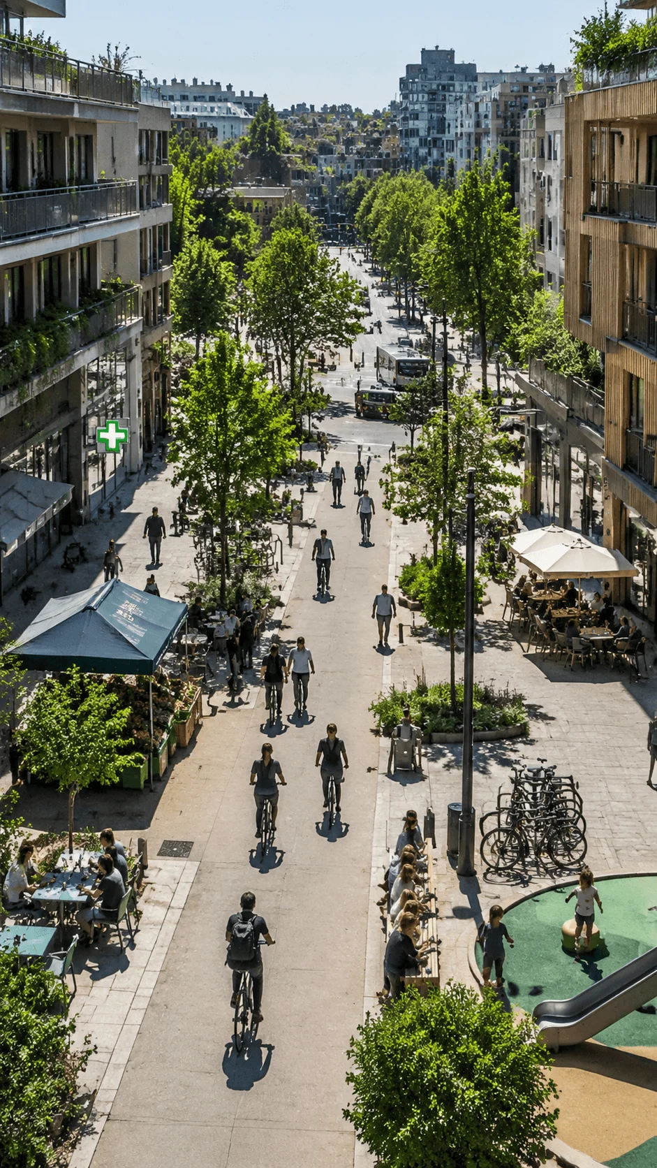 Fifteen minute city neighborhood with walkable streets cyclists outdoor cafes playground green spaces mixed use buildings and vibrant community focused sustainable urban design