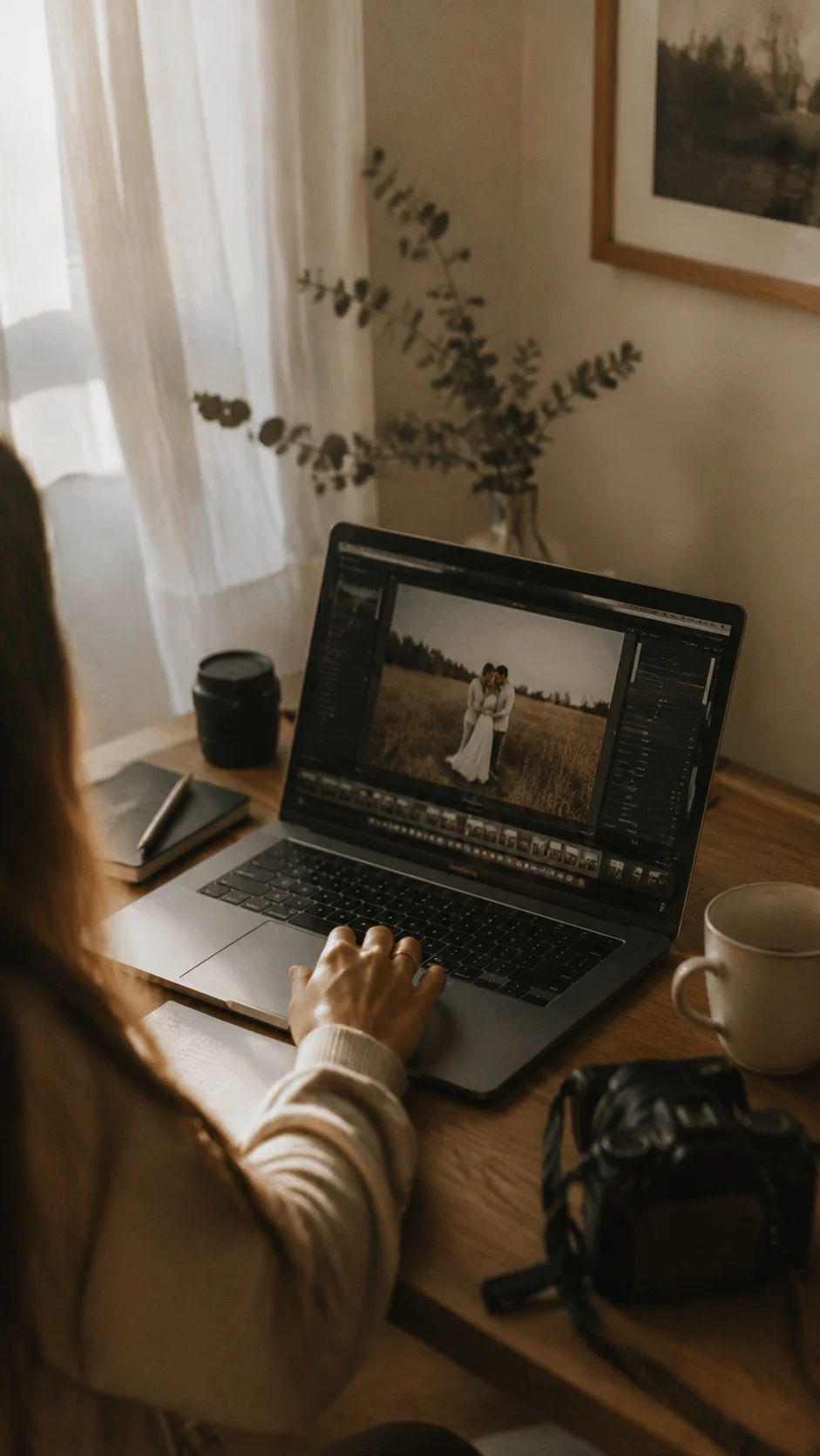 Film inspired digital editing showing a photographer working on natural toned images on a laptop with a camera beside the workspace and a warm minimal creative environment