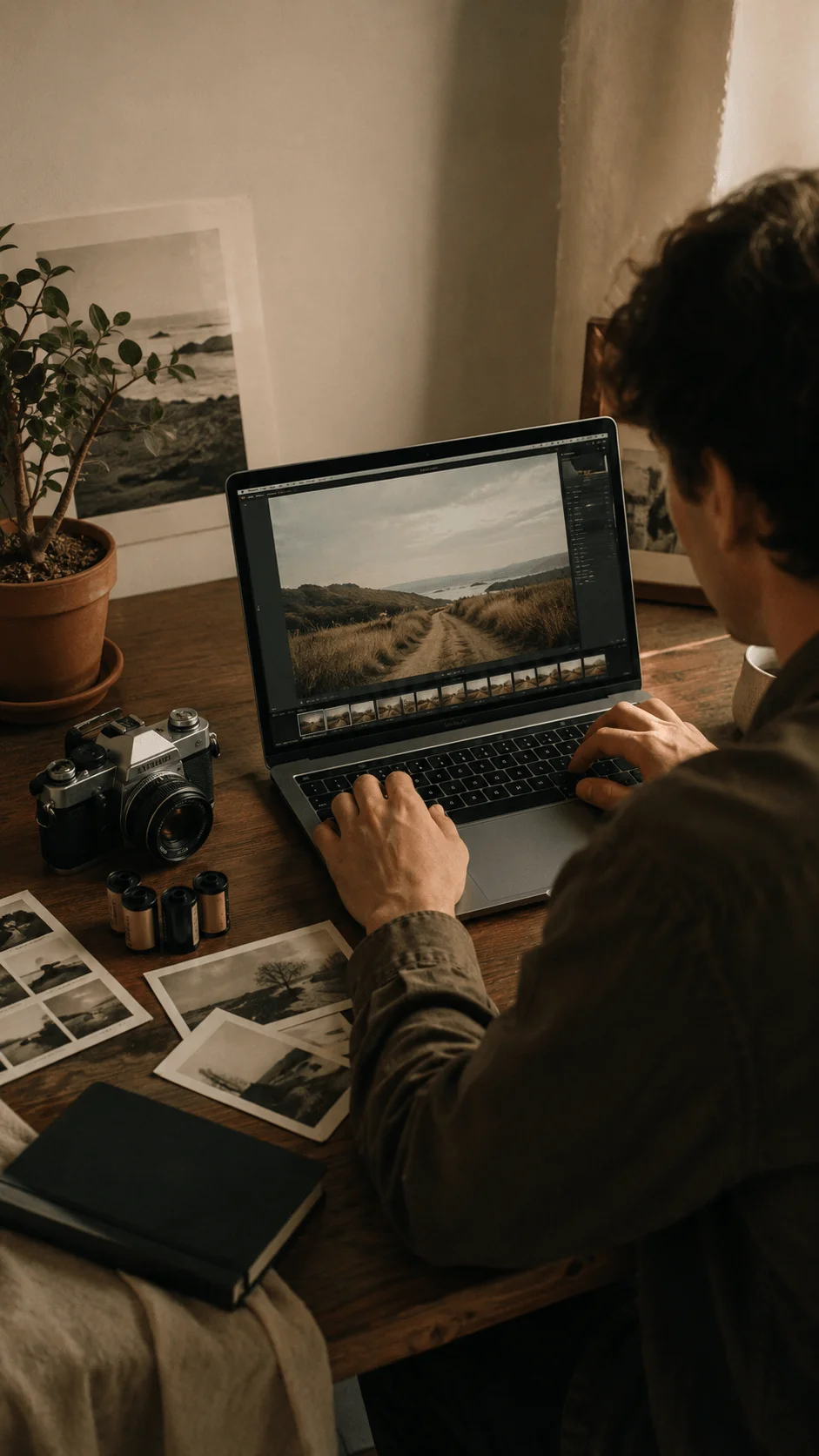 Photographer editing a landscape image on a laptop with film inspired editing style surrounded by vintage camera equipment printed photos and a warm creative workspace