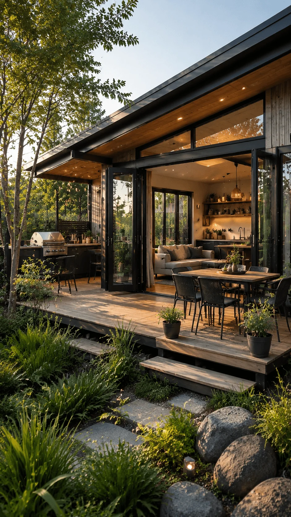 Flexible indoor outdoor living spaces in a sustainable mini house featuring open glass walls wooden deck natural garden and seamless connection with nature