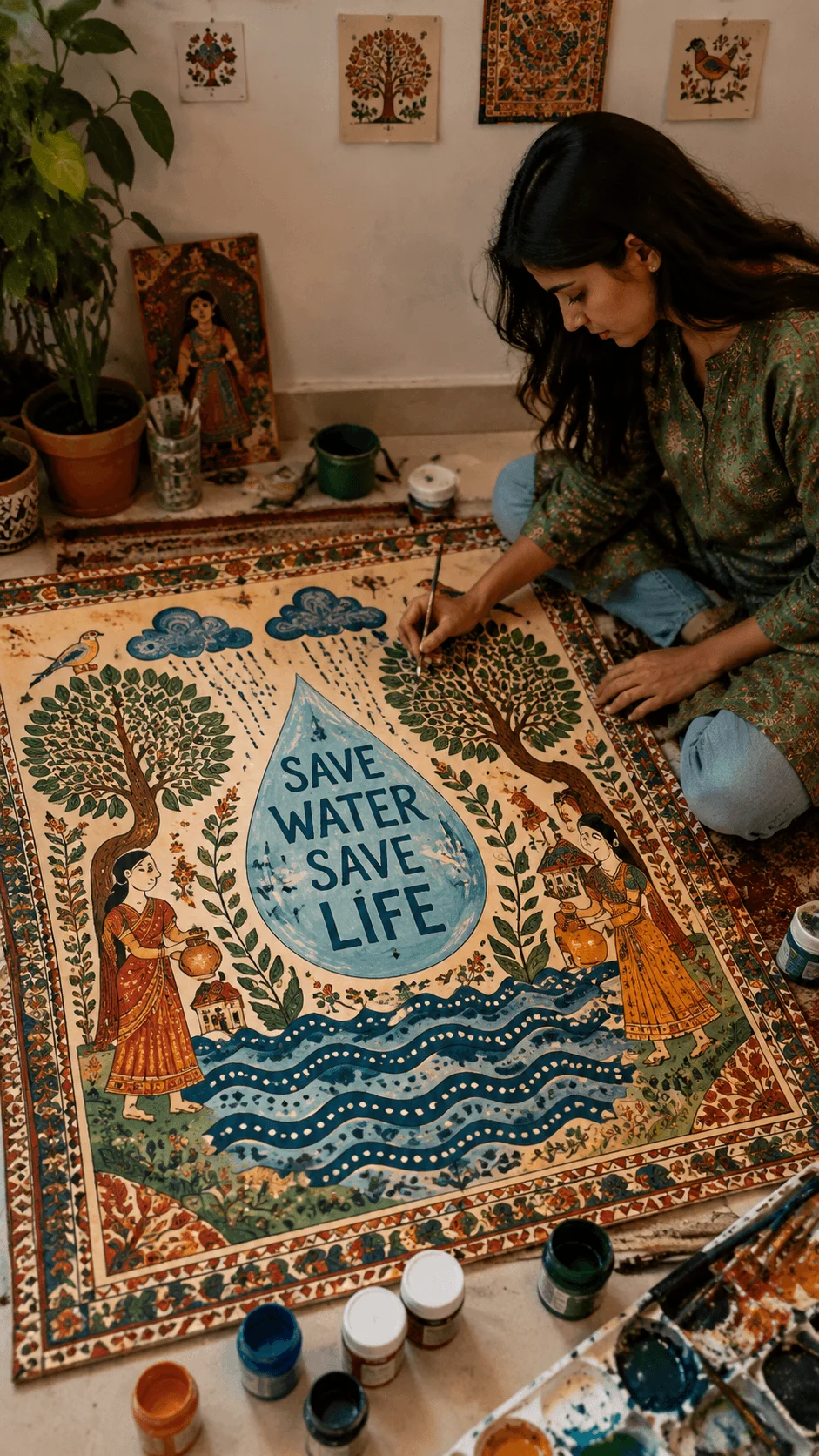 Folk art inspired environmental awareness poster being painted by an artist featuring save water message traditional patterns trees nature elements and handmade cultural artwork