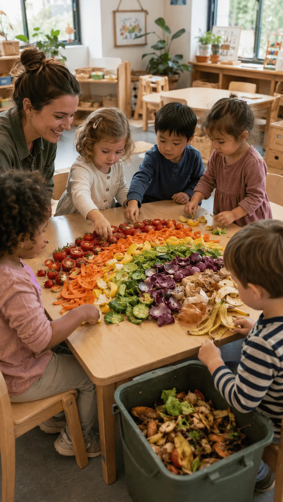 Preschool children sorting colorful fruit and vegetable scraps into a rainbow before adding them to a compost bin
