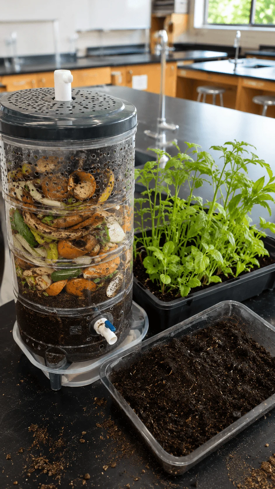 Food waste compost machine model converting organic kitchen waste into nutrient rich compost for sustainable gardening environmental education and student science projects