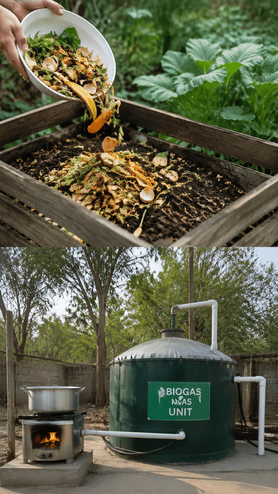 Food waste composting and biogas project showing organic waste being converted into compost and renewable energy through a biogas unit with sustainable waste management practices