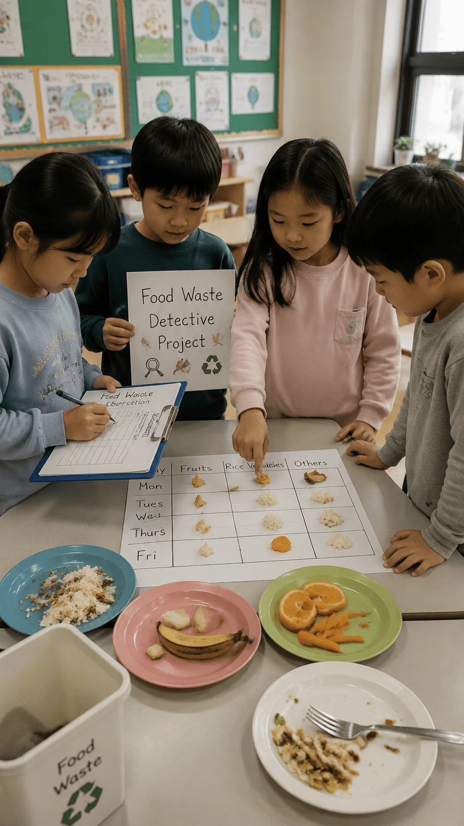 Children investigating food waste patterns in a classroom project with leftover food samples, charts, and sustainability activities