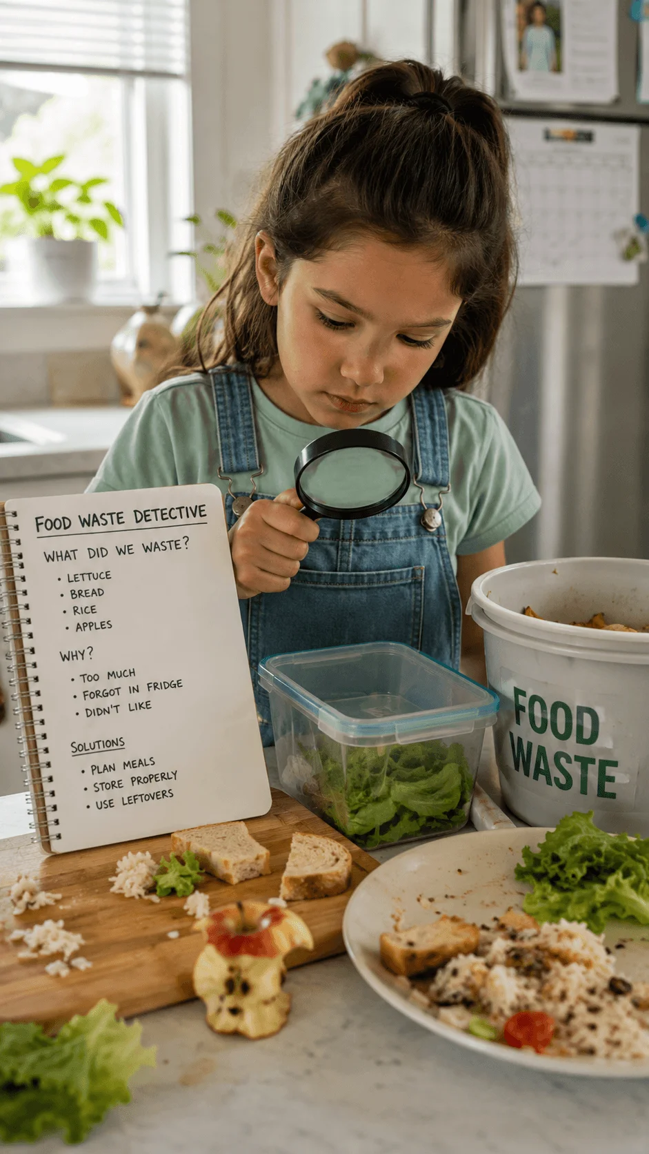 Child investigating leftover food with a magnifying glass during a food waste detective activity to learn ways to reduce waste