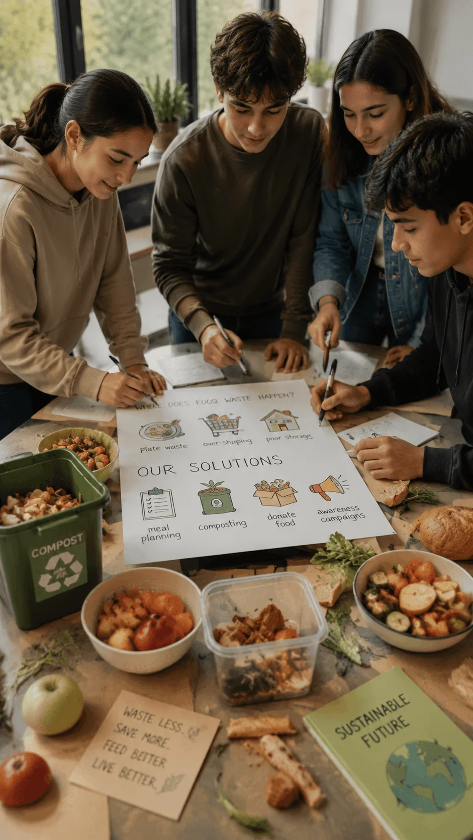 Students working on a food waste innovation challenge with composting ideas meal planning solutions and sustainability posters surrounded by leftover food materials