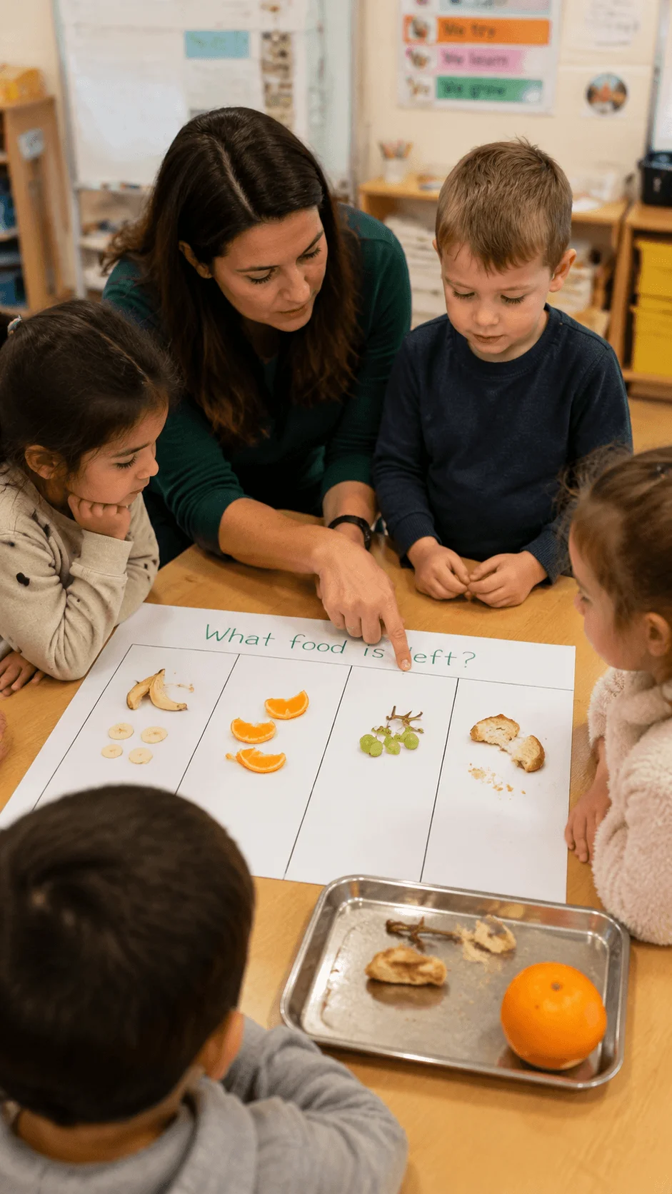 Children learning about food waste by sorting and discussing leftover food items during a kindergarten sustainability activity