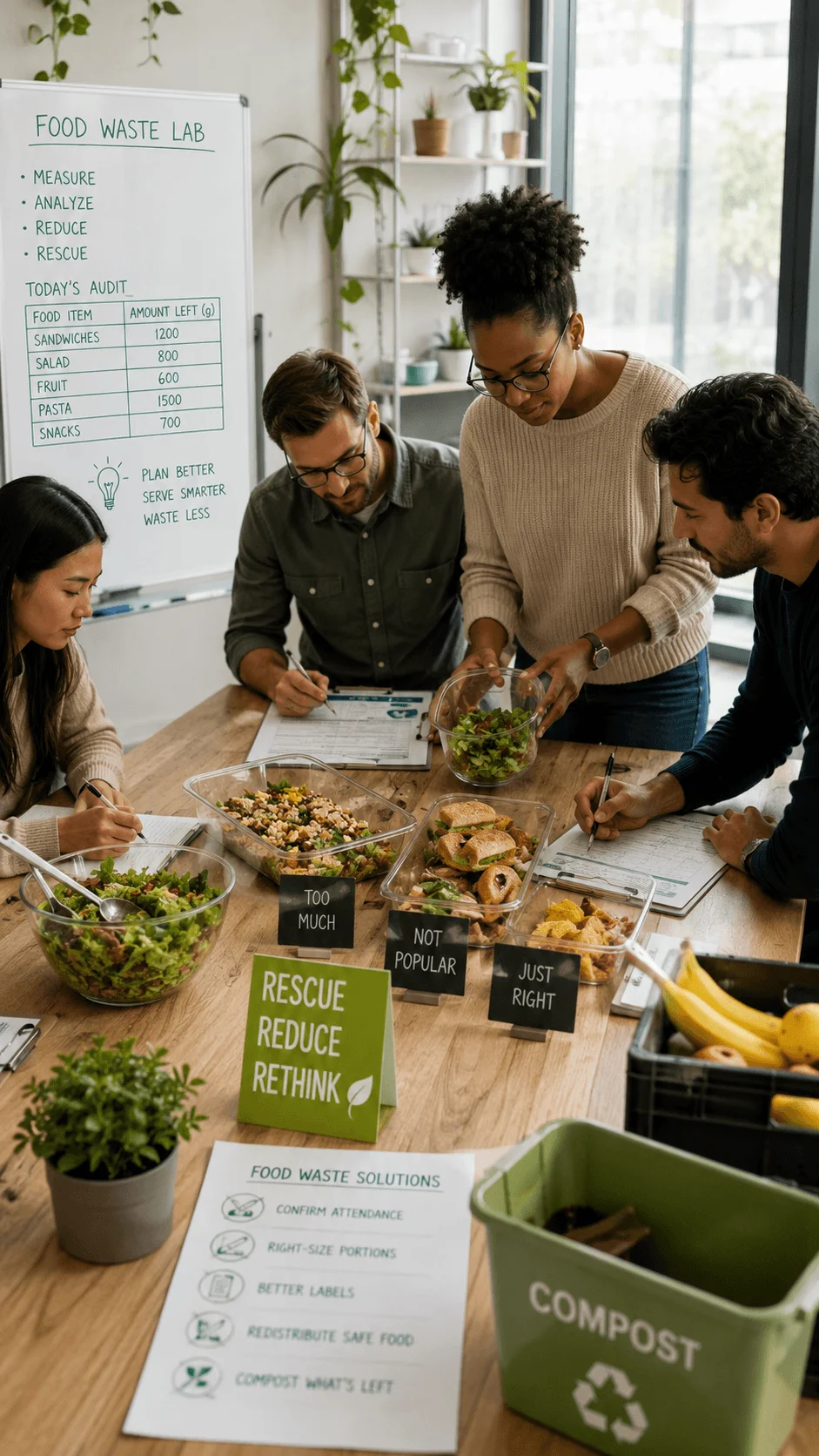 Employees conducting a food waste rescue lab by measuring leftover meals analysing waste patterns improving meal planning and separating compostable food scraps in the workplace