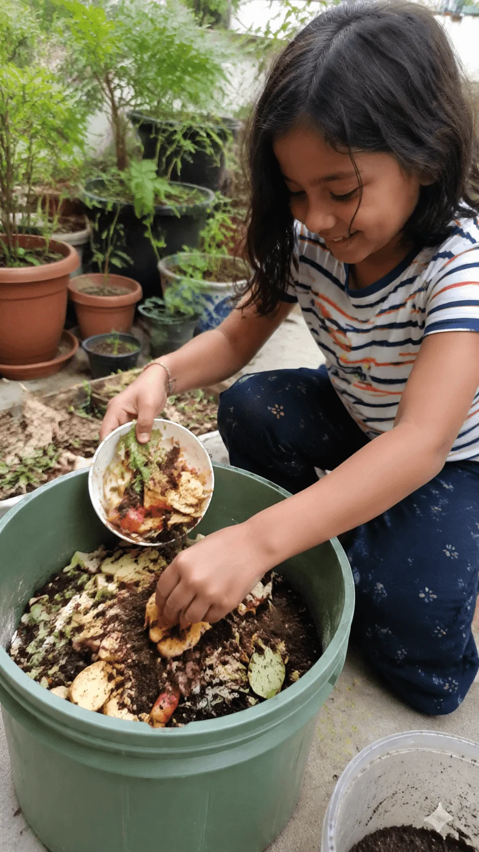 Child creating compost from food scraps and organic waste in a garden compost bin as part of an environmental sustainability activity for kids