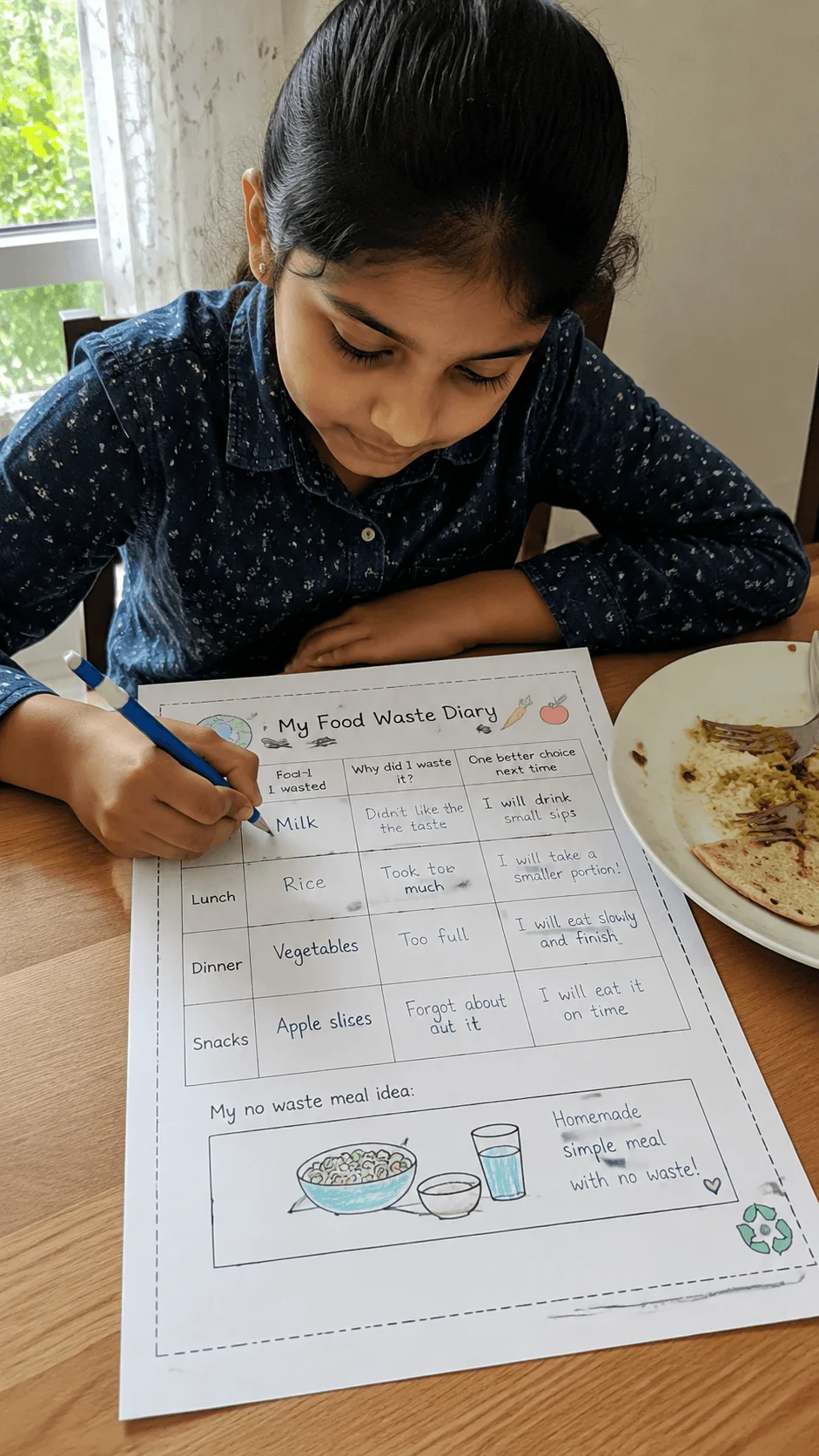 Child completing a food waste diary worksheet at a table with a meal plate nearby while recording wasted food reasons and better choices to reduce food waste and practice sustainable eating habits