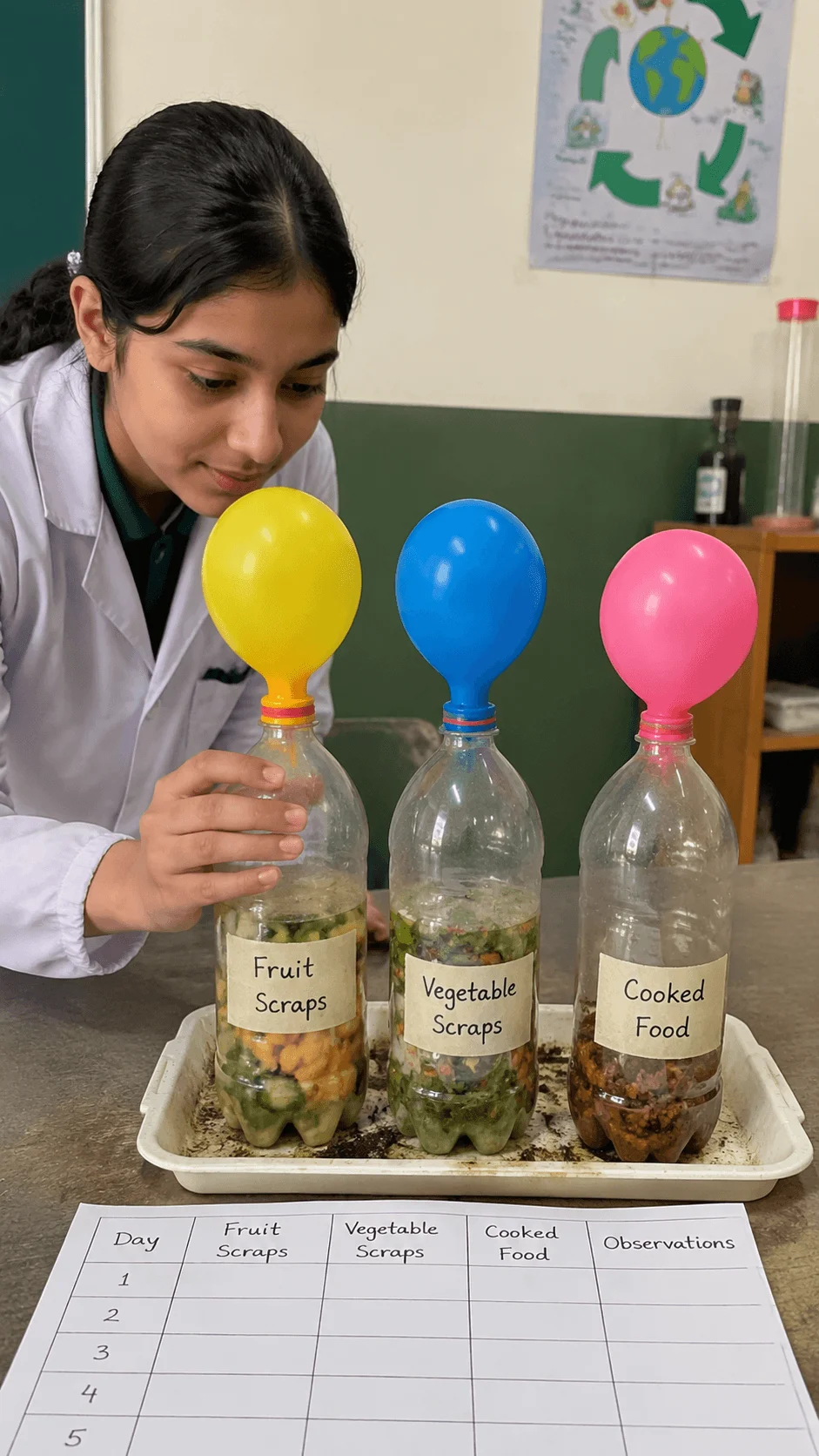 Student demonstrating a food waste to biogas experiment using bottles with organic waste samples balloons for gas collection and observation records in a science classroom