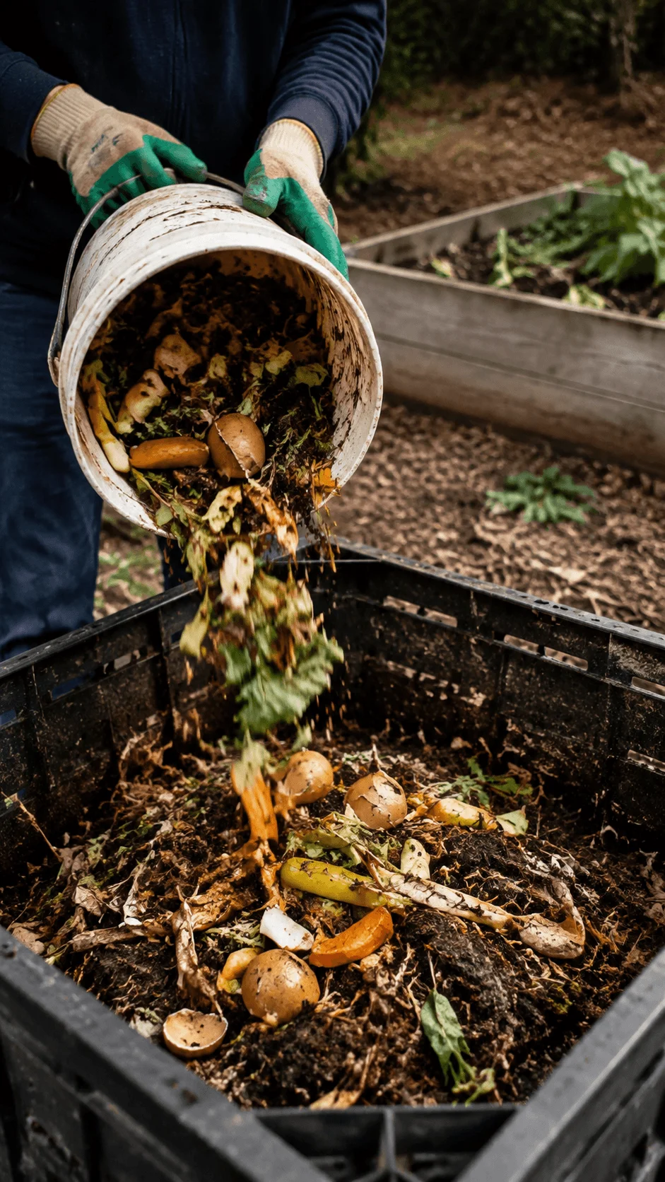 Person adding food waste and organic materials into a compost bin for a sustainable farming project showing recycling, natural decomposition, and eco friendly soil improvement practices