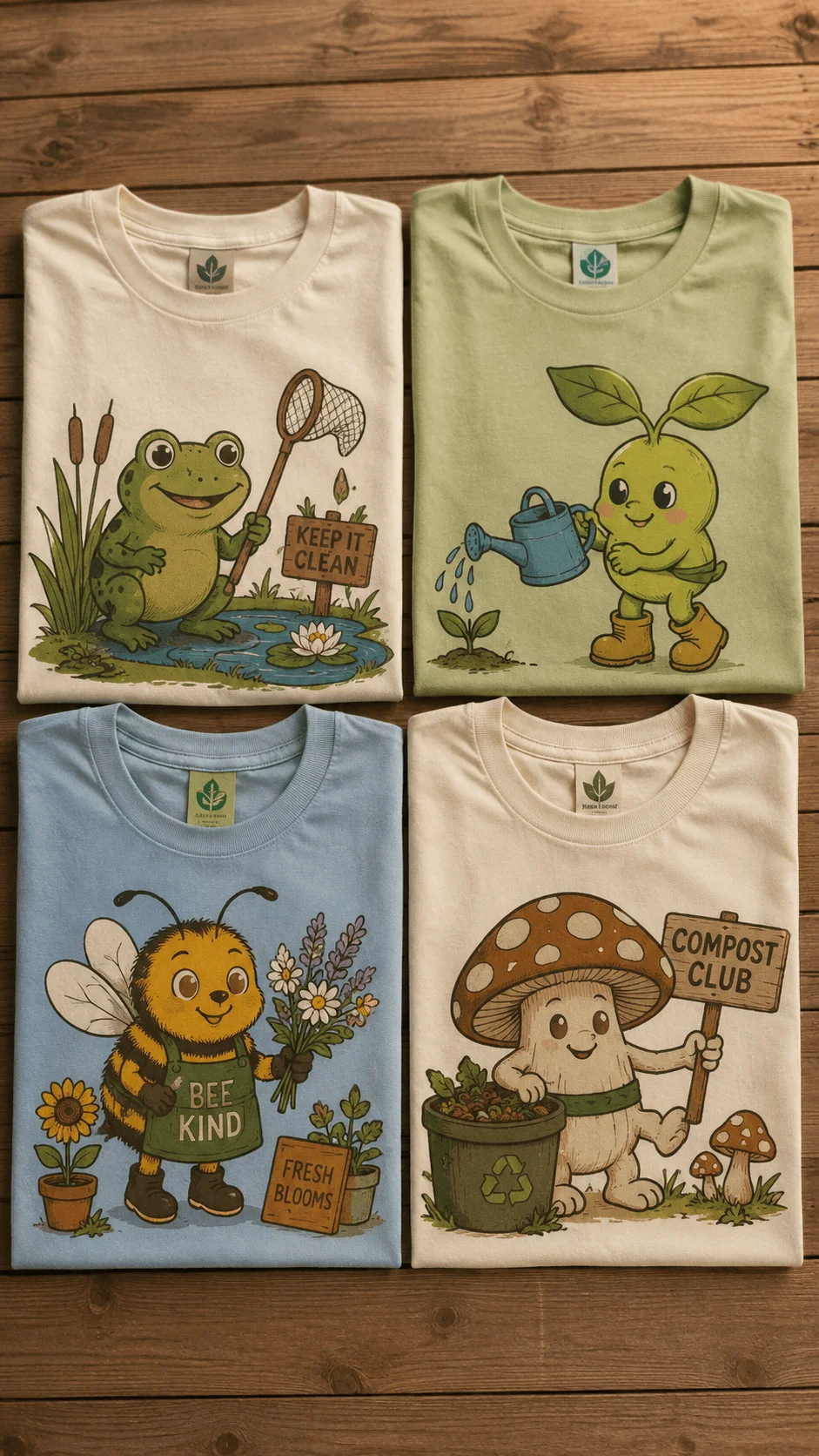 Friendly eco mascot T shirts featuring playful frog bee seedling and mushroom characters promoting gardening composting pollinator protection and environmental sustainability