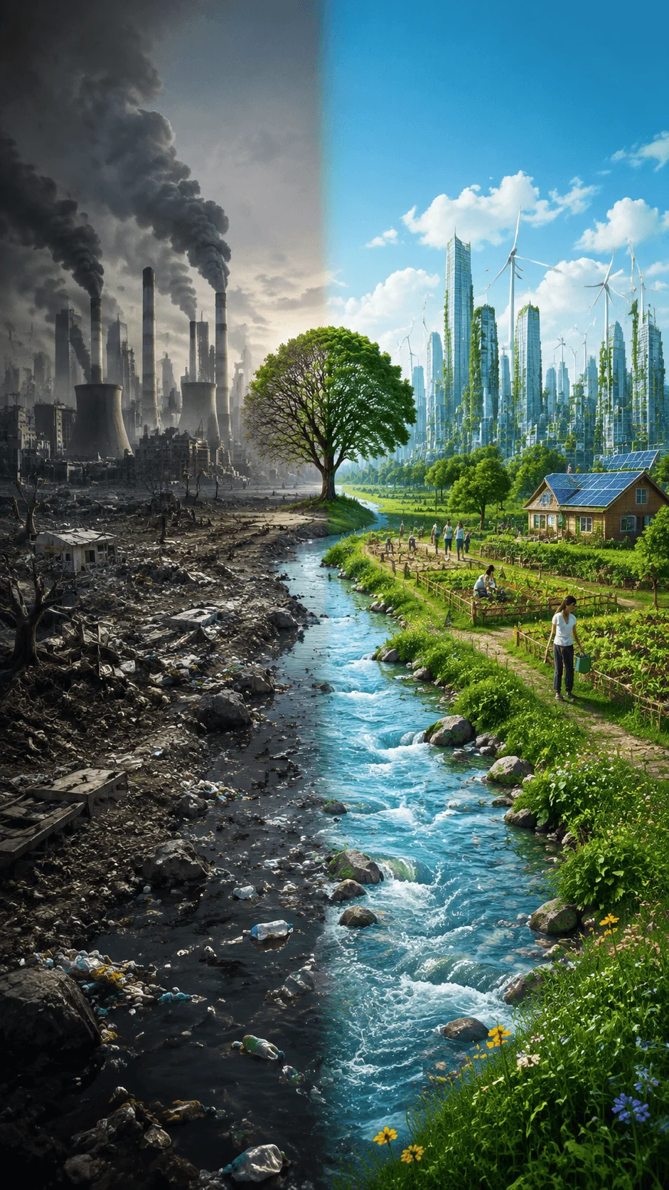 Future Earth 2050 sustainability poster showing a contrast between a polluted industrial landscape and a clean green future with renewable energy, restored nature, and sustainable communities