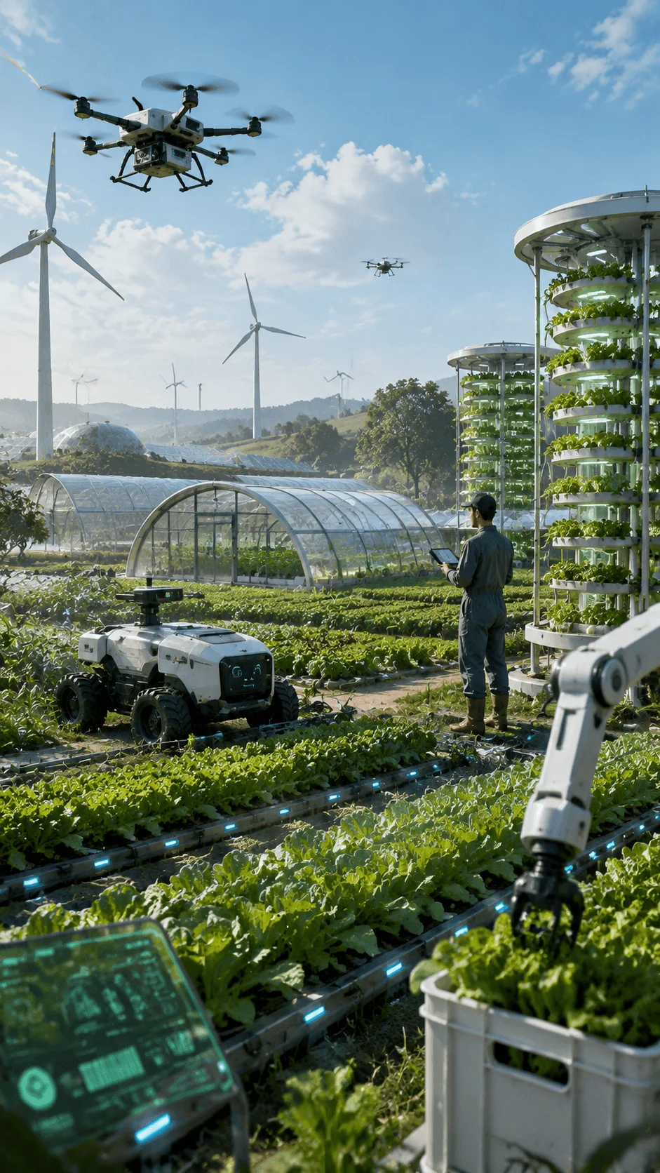 Future farming innovation image showing a futuristic agricultural system with AI technology, robots, drones, vertical farms, smart greenhouses, renewable energy, and advanced sustainable farming solutions