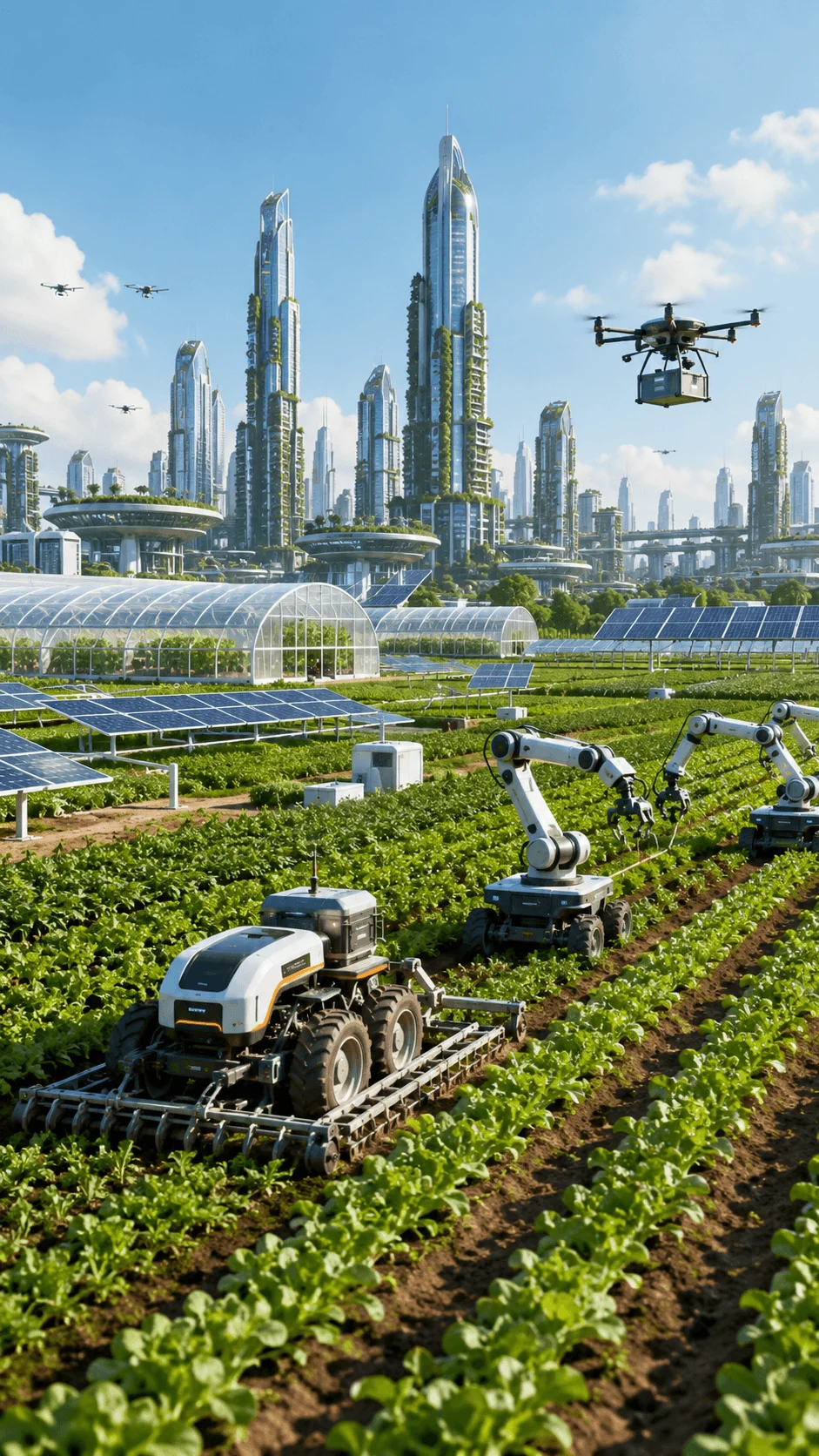 Future farming technology with autonomous robots drones solar panels smart greenhouses and advanced agriculture systems in a futuristic city landscape