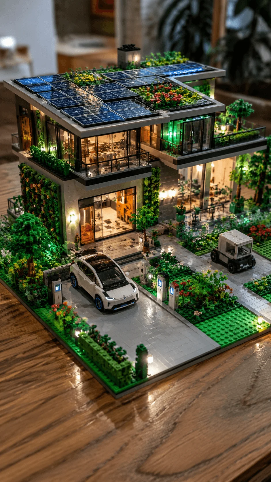 Realistic LEGO future sustainable house with solar panel roof smart technology electric vehicles green walls rooftop garden and eco friendly modern architecture design