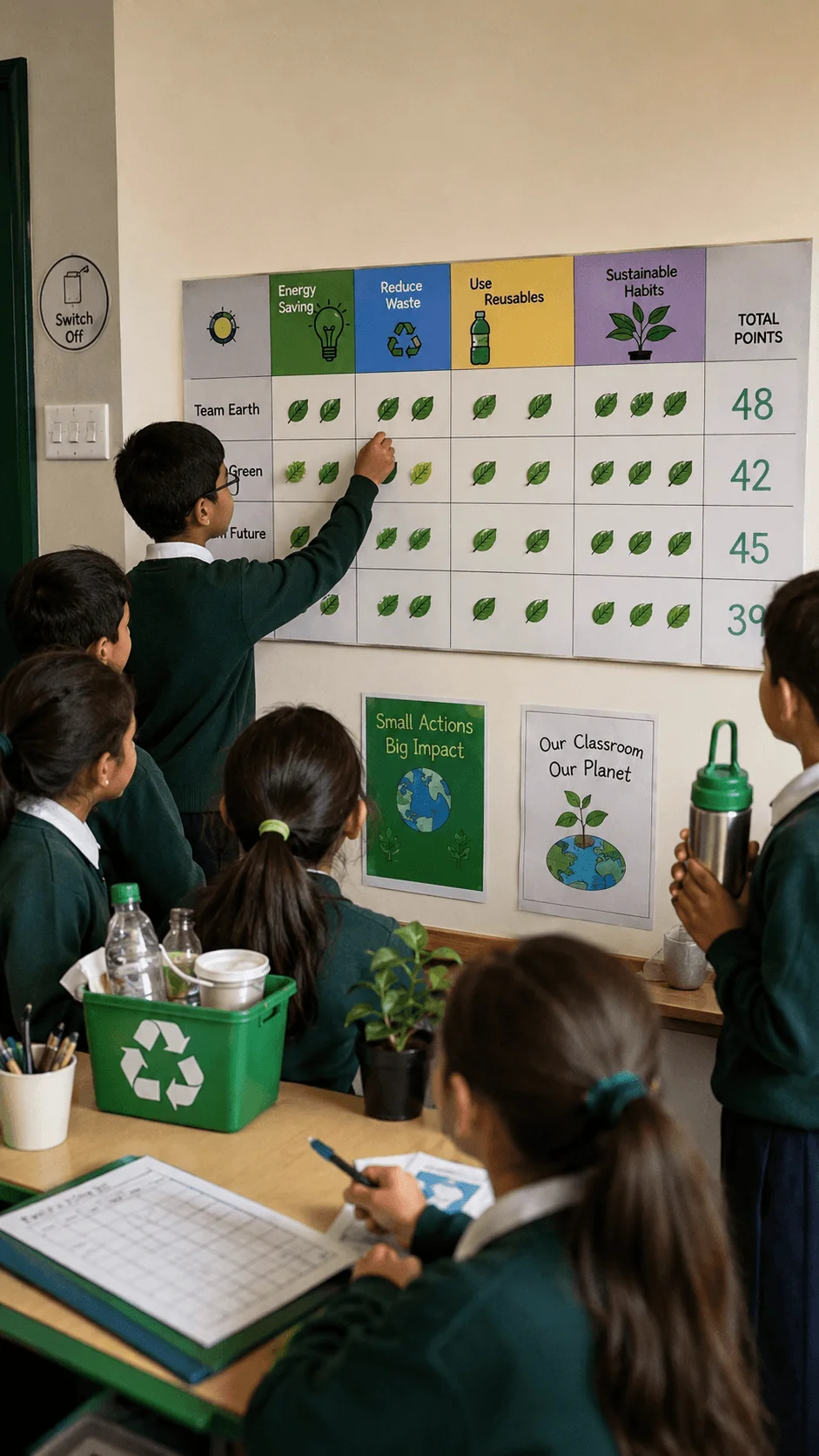 Students tracking energy saving waste reduction reusable items and sustainable habits in a classroom competition