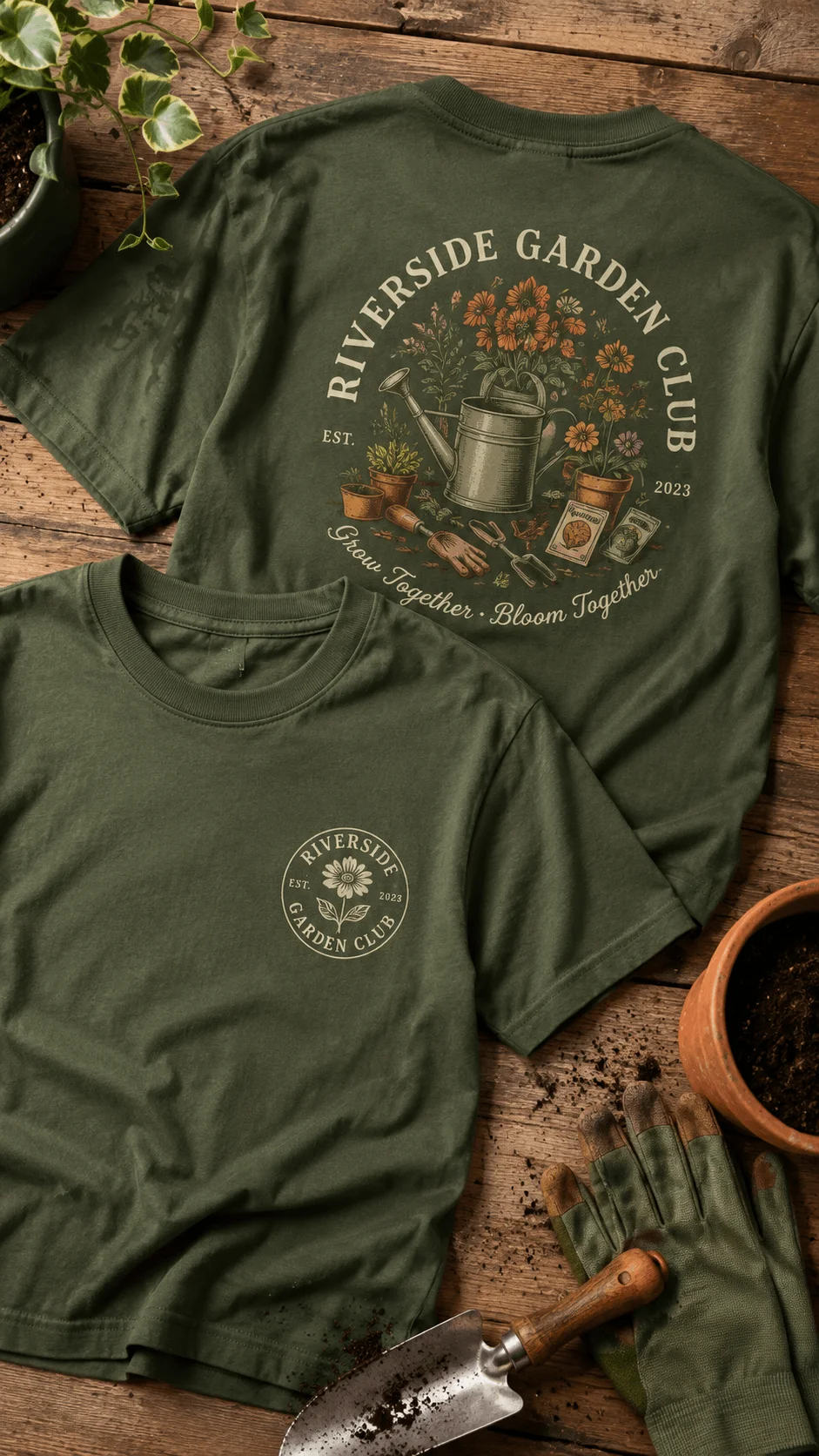 Gardening club green shirt design template featuring Riverside Garden Club artwork with watering can flowers seed packets gardening tools small front badge and detailed back print on a forest green tshirt mockup