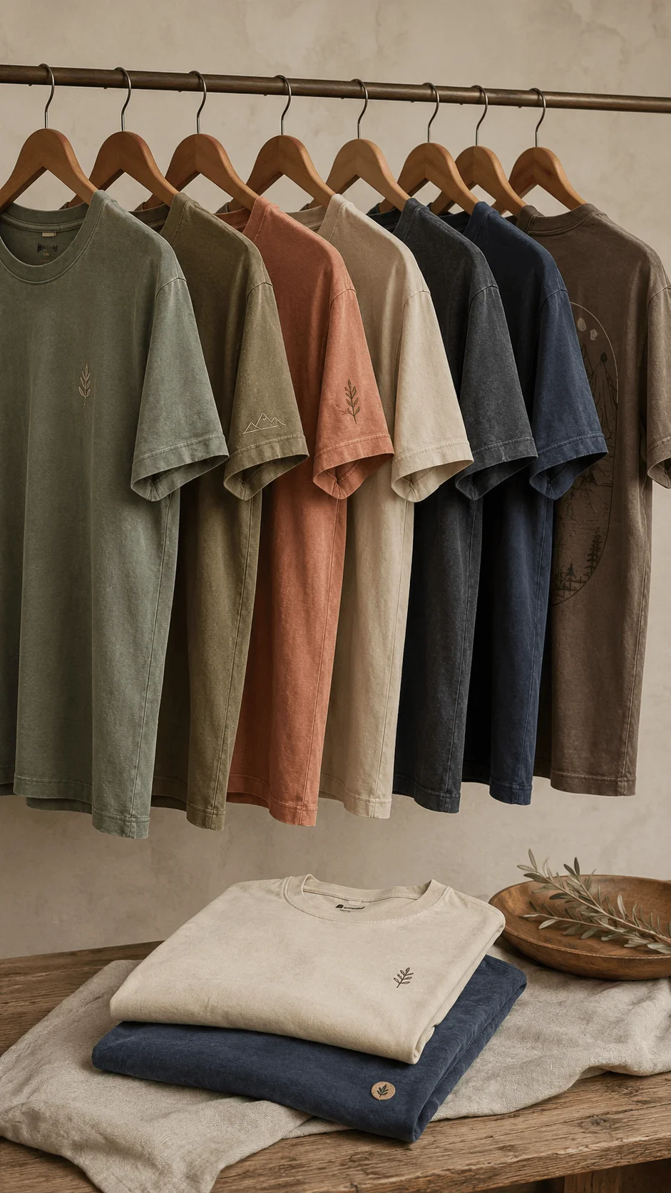 Garment dyed earth tone minimalist T shirt collection with muted colors subtle embroidered nature symbols and sustainable casual fashion