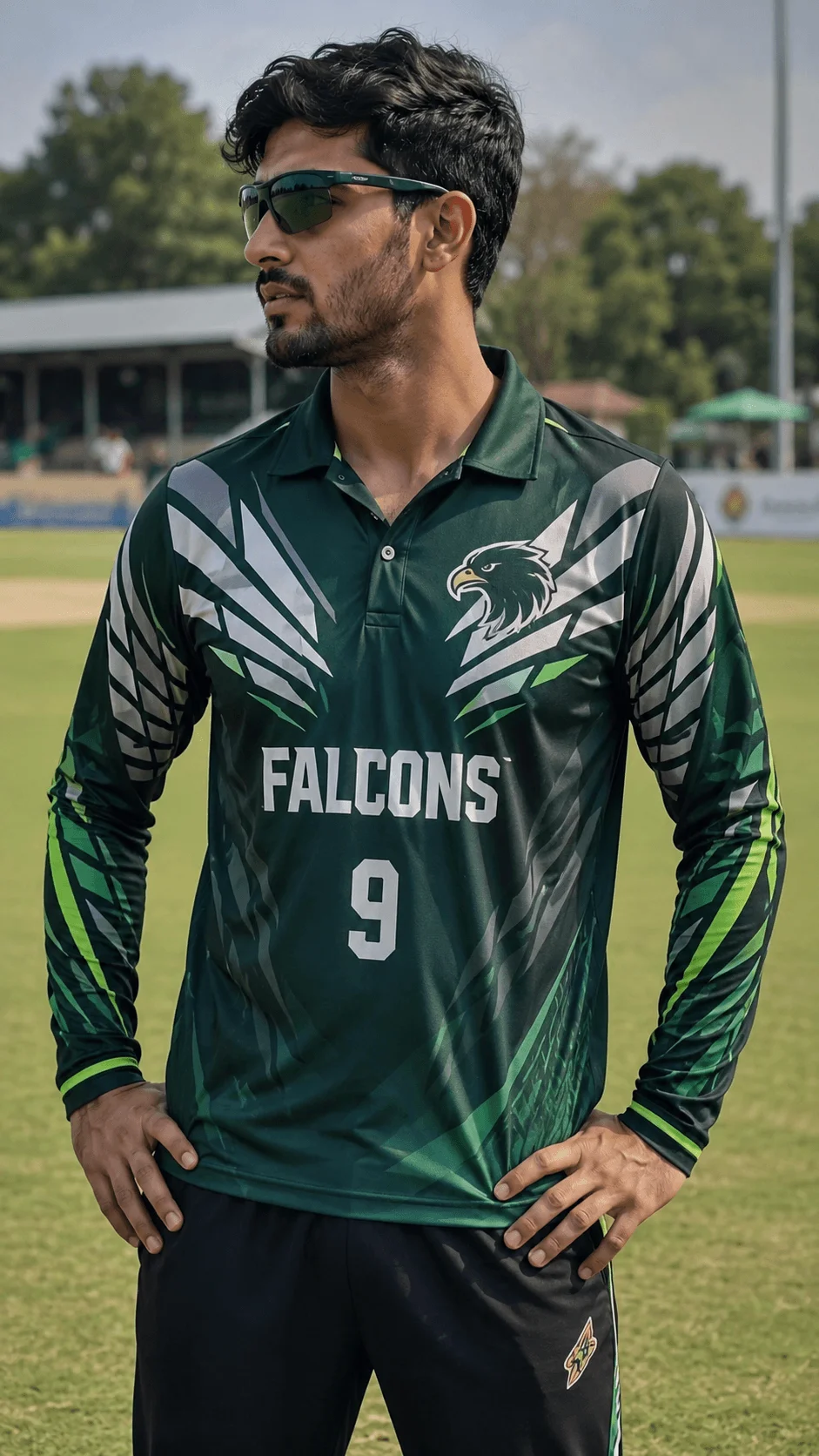 Geometric falcon wing full sleeve cricket jersey in dark green with silver and lime graphics worn by a player on a cricket field
