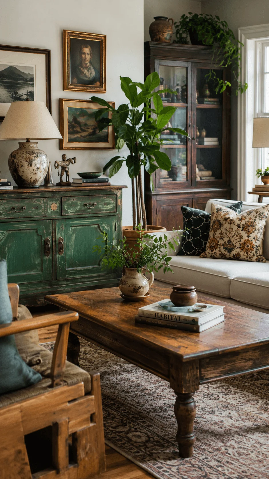 Vintage sustainable decor interior with restored wooden furniture, antique artwork, indoor plants, and a cozy room combining classic character with eco friendly design