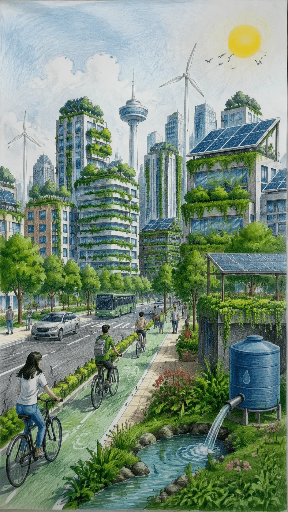 Green building and eco city cover showing a sustainable urban landscape with green buildings, rooftop gardens, solar panels, wind turbines, electric transport, cycling paths, trees, rainwater collection, and environmentally friendly city design