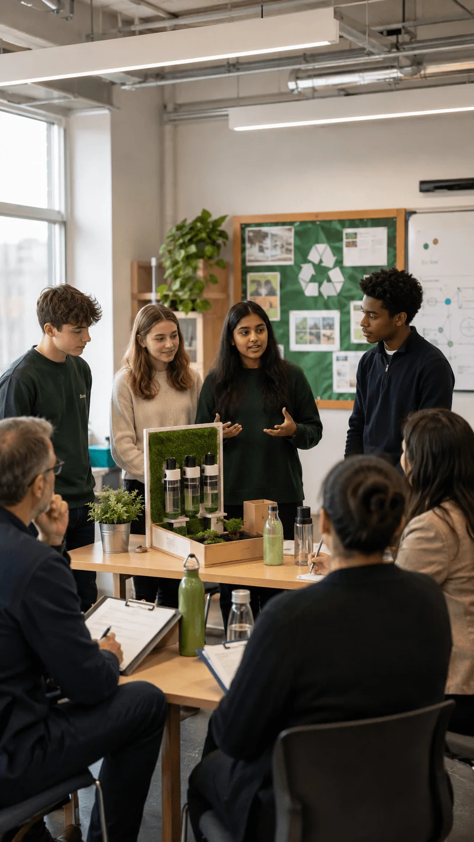 High school students presenting a sustainable green business idea and eco friendly product prototype to a judging panel