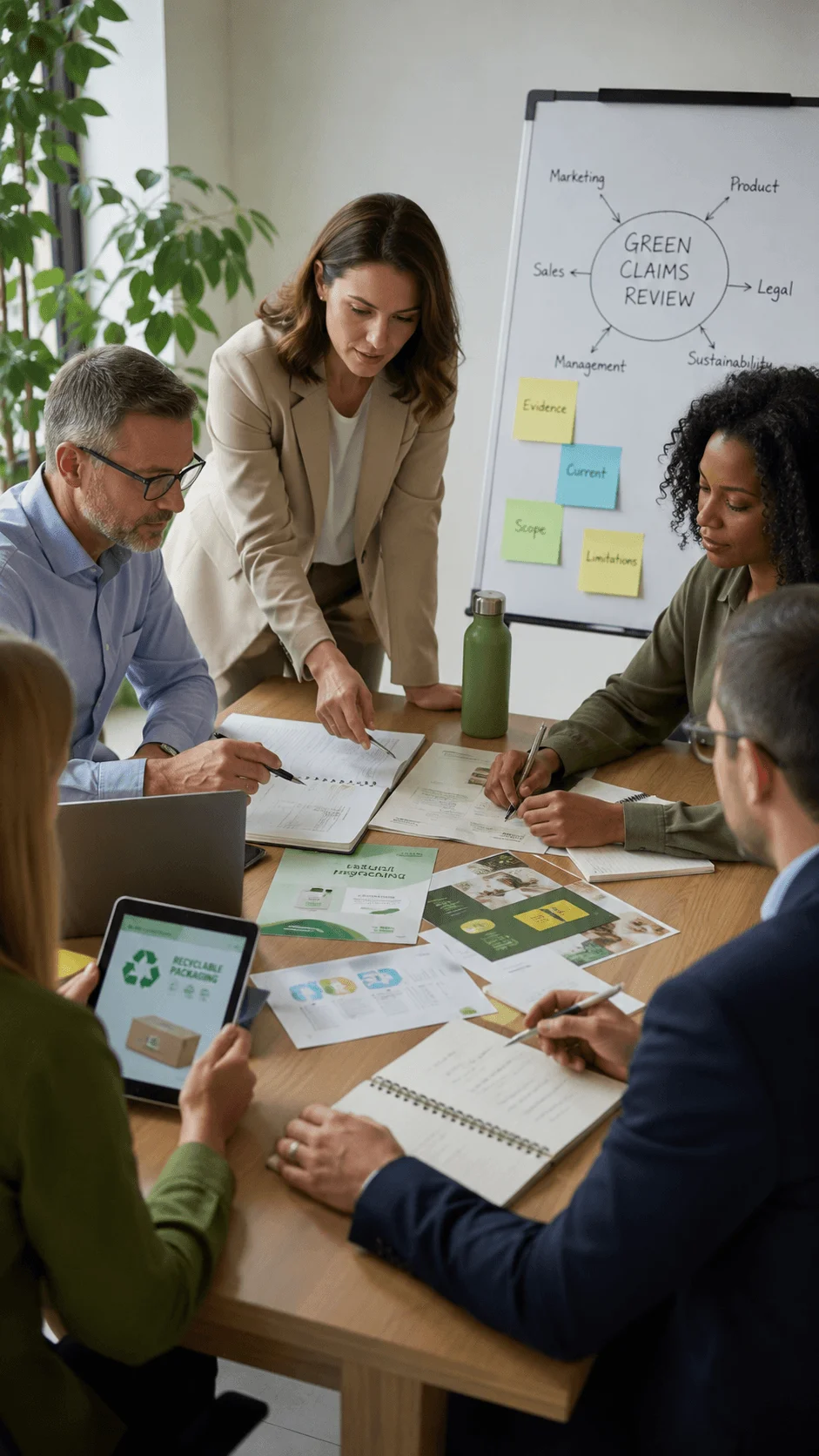 Employees conducting a green claims evidence review meeting with sustainability, marketing, and legal teams analyzing environmental statements and product documentation