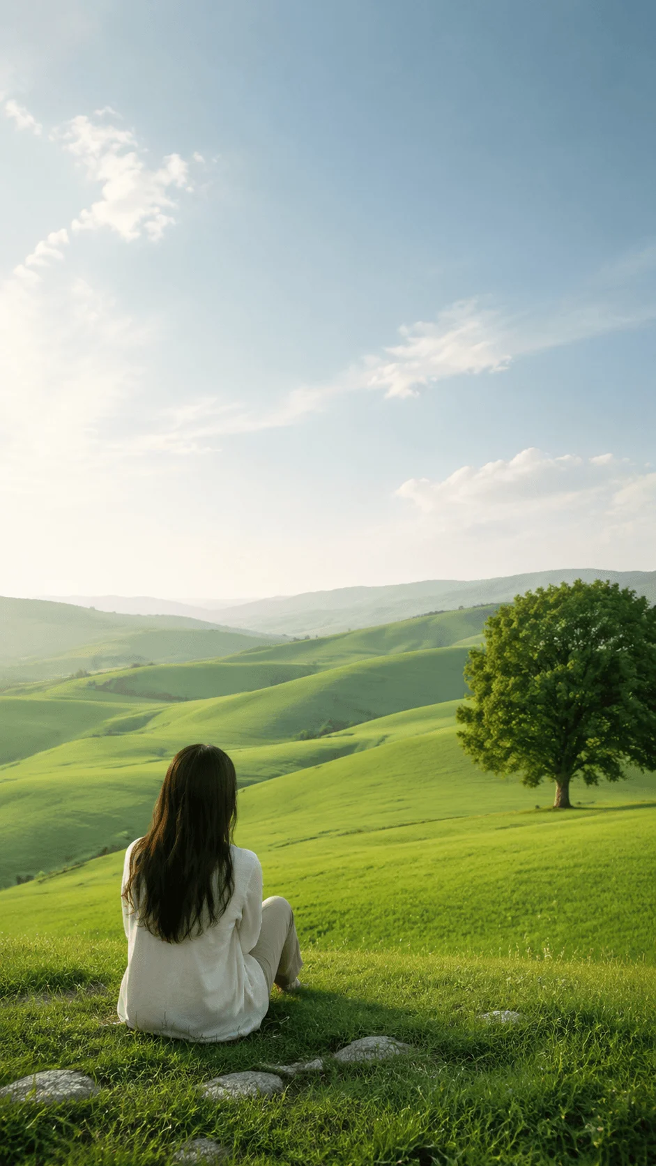 Green earth aesthetic landscape with rolling green hills, a lone tree, clear blue sky, and a person sitting peacefully in nature creating a minimalist eco friendly background scene