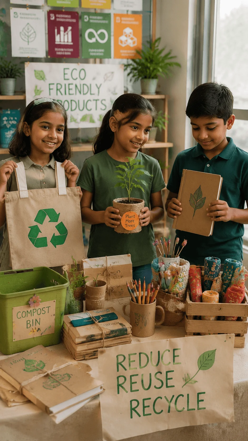 Children presenting green entrepreneurship ideas with eco friendly products recycled crafts and sustainable business projects in a classroom setting