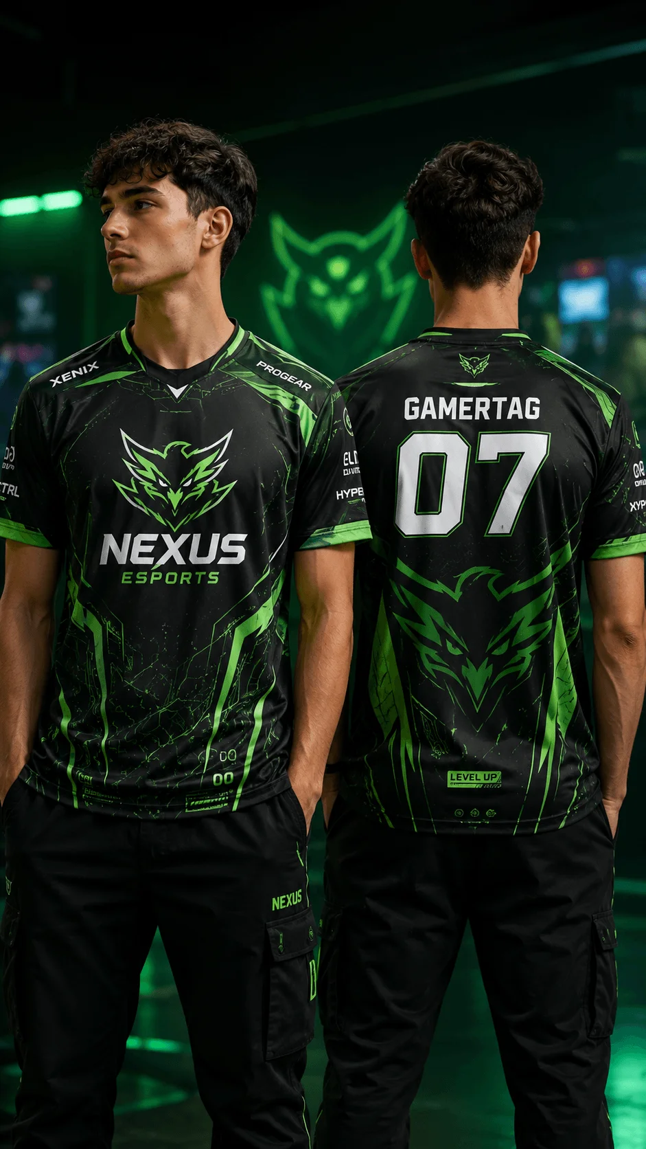 Green esports jersey design shown from the front and back with neon green graphics team mascot gamer tag and number 07