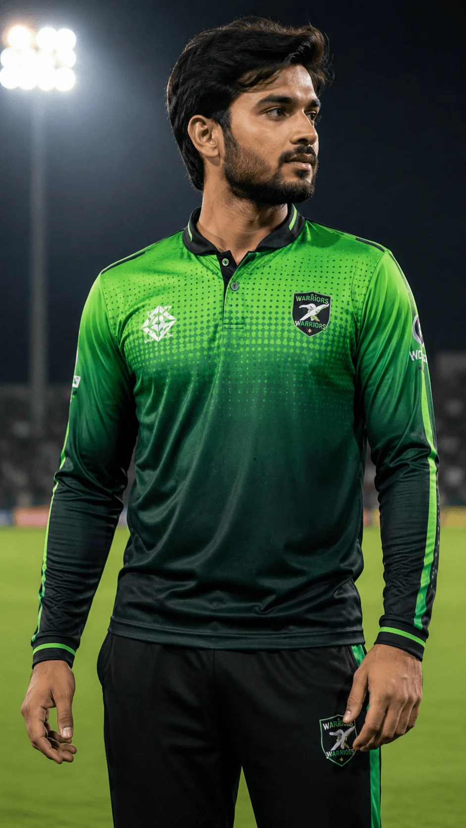 Green gradient full sleeve cricket jersey worn by a player under stadium lights