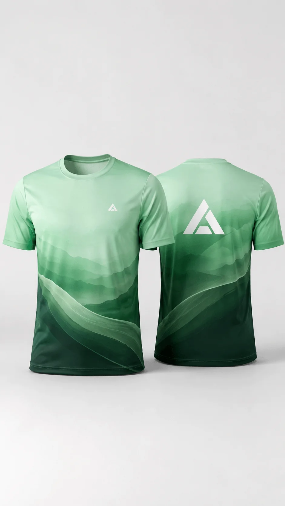 Green gradient sublimation T shirt design shown from the front and back with layered mountain patterns and flowing abstract waves