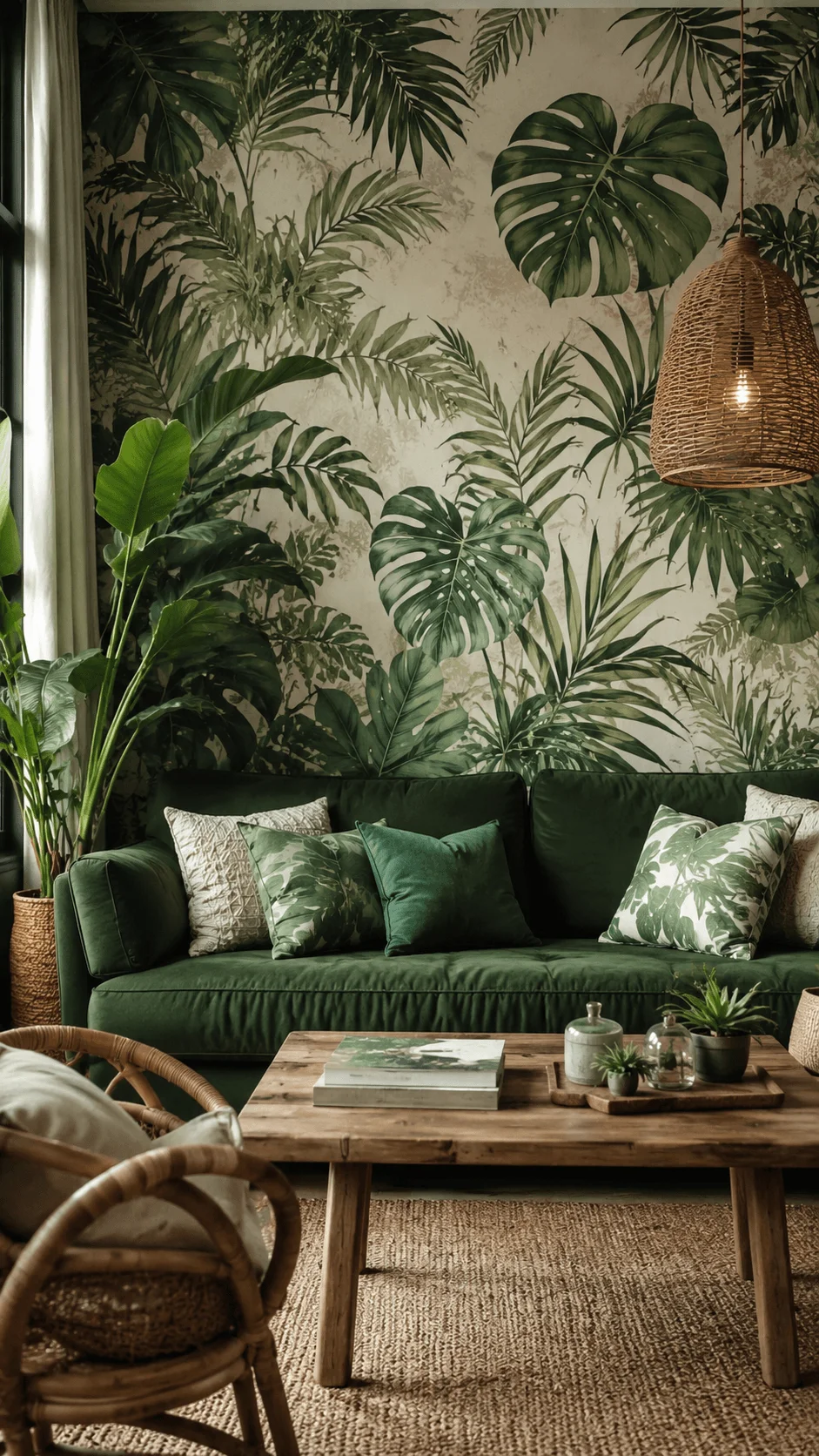 Green living aesthetic wallpaper featuring a tropical botanical mural in a cozy living room with lush plants dark green sofa rattan furniture and natural eco friendly decor