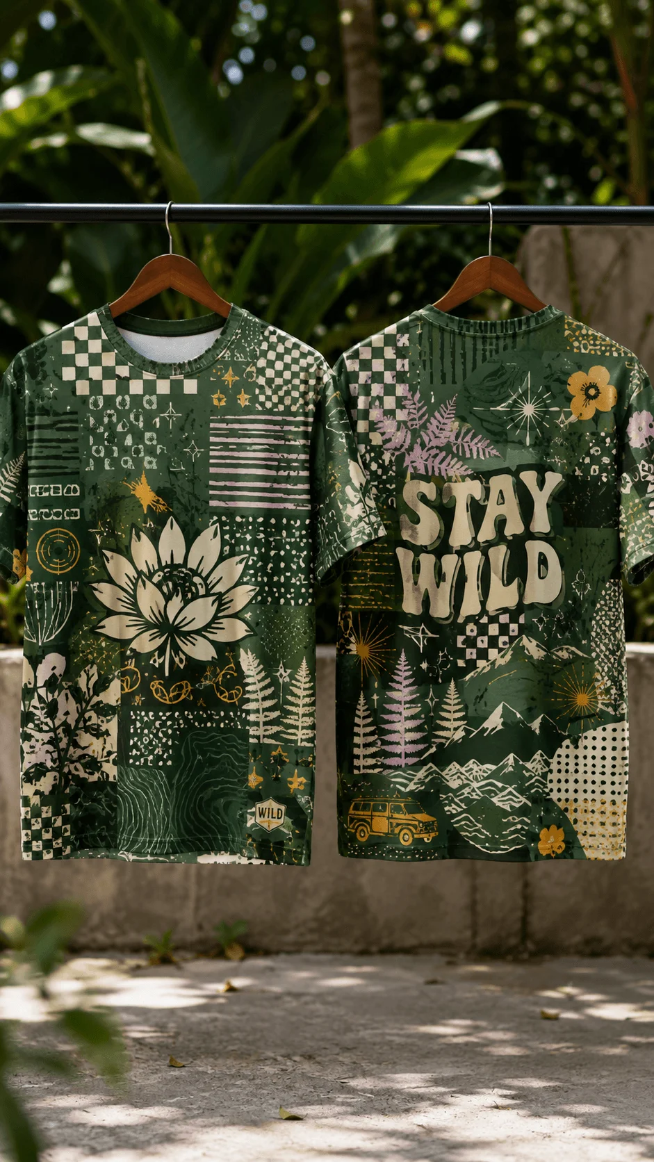 Green maximalist all over print T shirt design shown from the front and back with floral graphics checks stripes dots mountains and bold stay wild typography