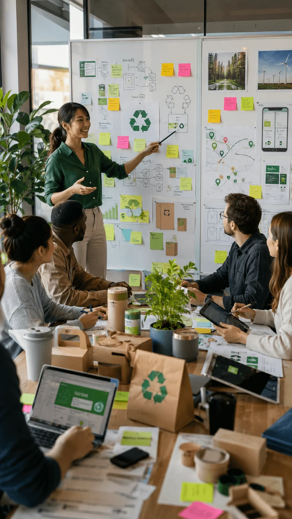Employees collaborating in a green process hackathon to develop sustainable workplace solutions using recycled packaging digital planning tools reusable products and eco friendly process mapping
