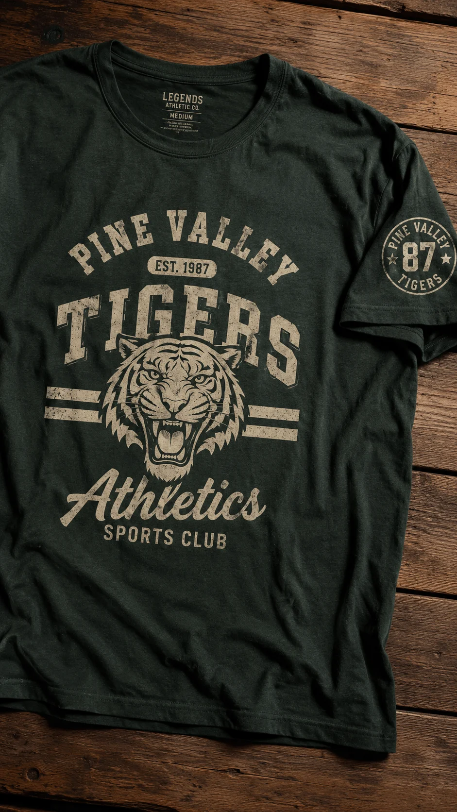 Dark green retro sports club T shirt featuring a vintage tiger mascot and varsity typography on a wooden surface
