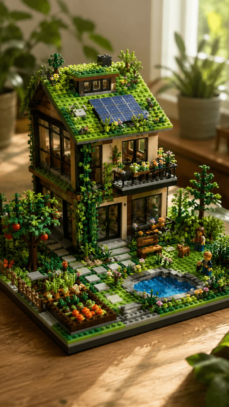 Realistic LEGO green roof nature house with solar panels rooftop garden vegetable patch trees flowers pond and sustainable eco friendly landscape design