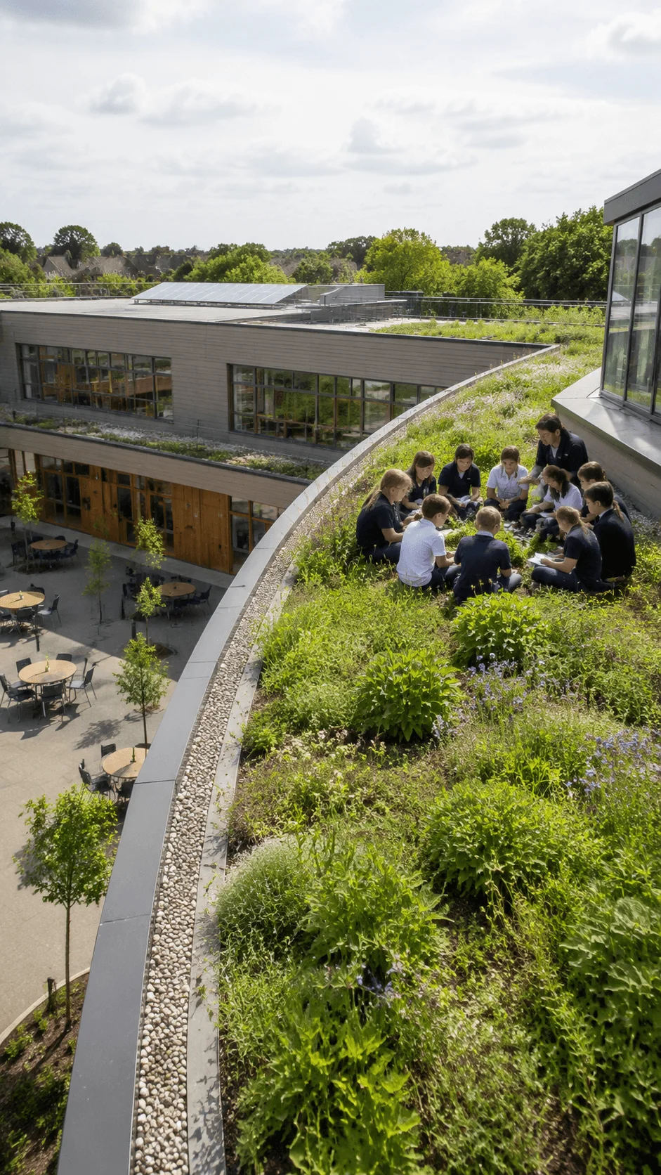 Green roof school design featuring a living rooftop garden with students learning outdoors sustainable architecture green spaces and nature integrated educational environment