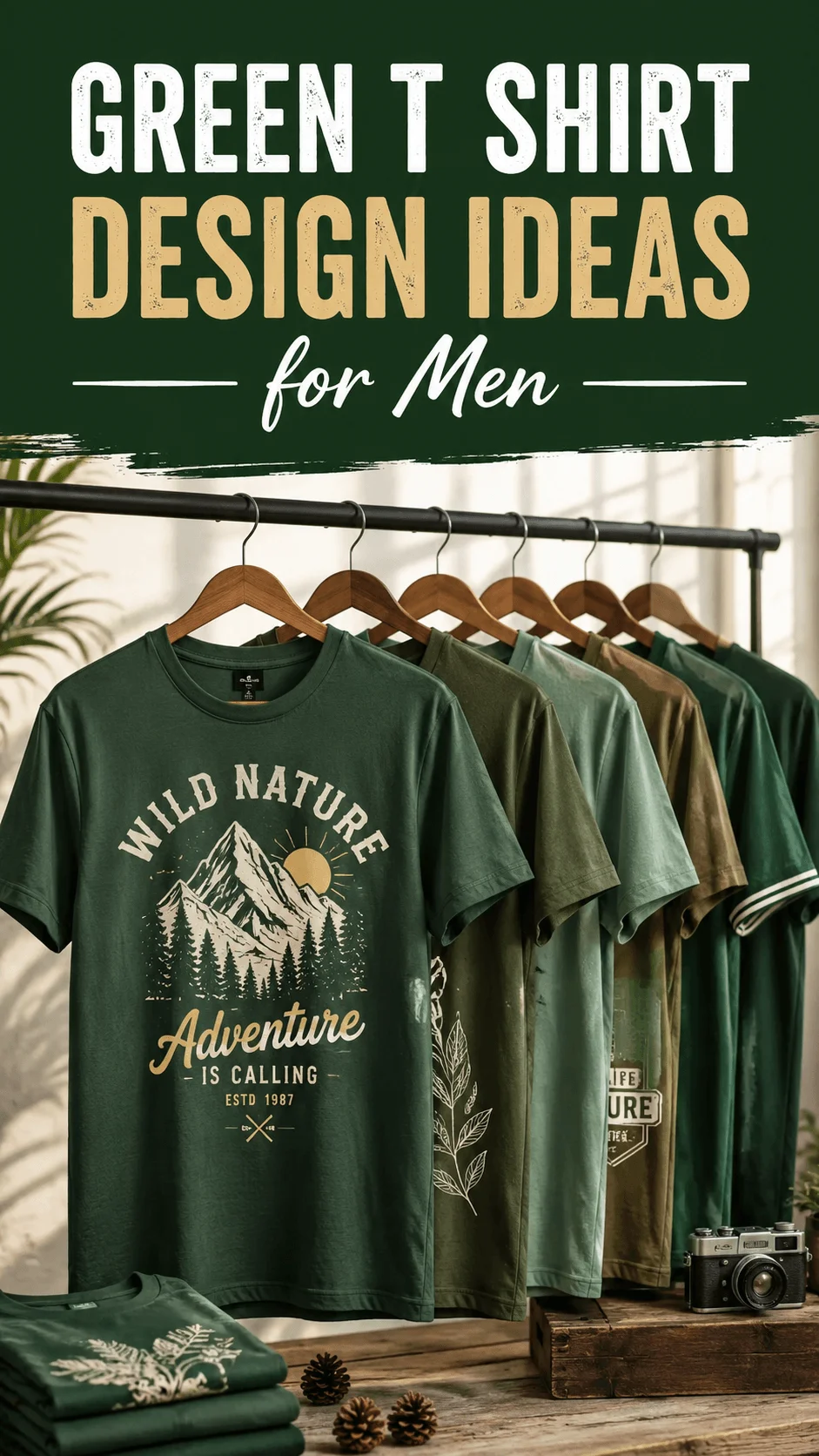 Green T shirt design ideas for men featuring vintage nature graphics on forest green shirts displayed on a clothing rack