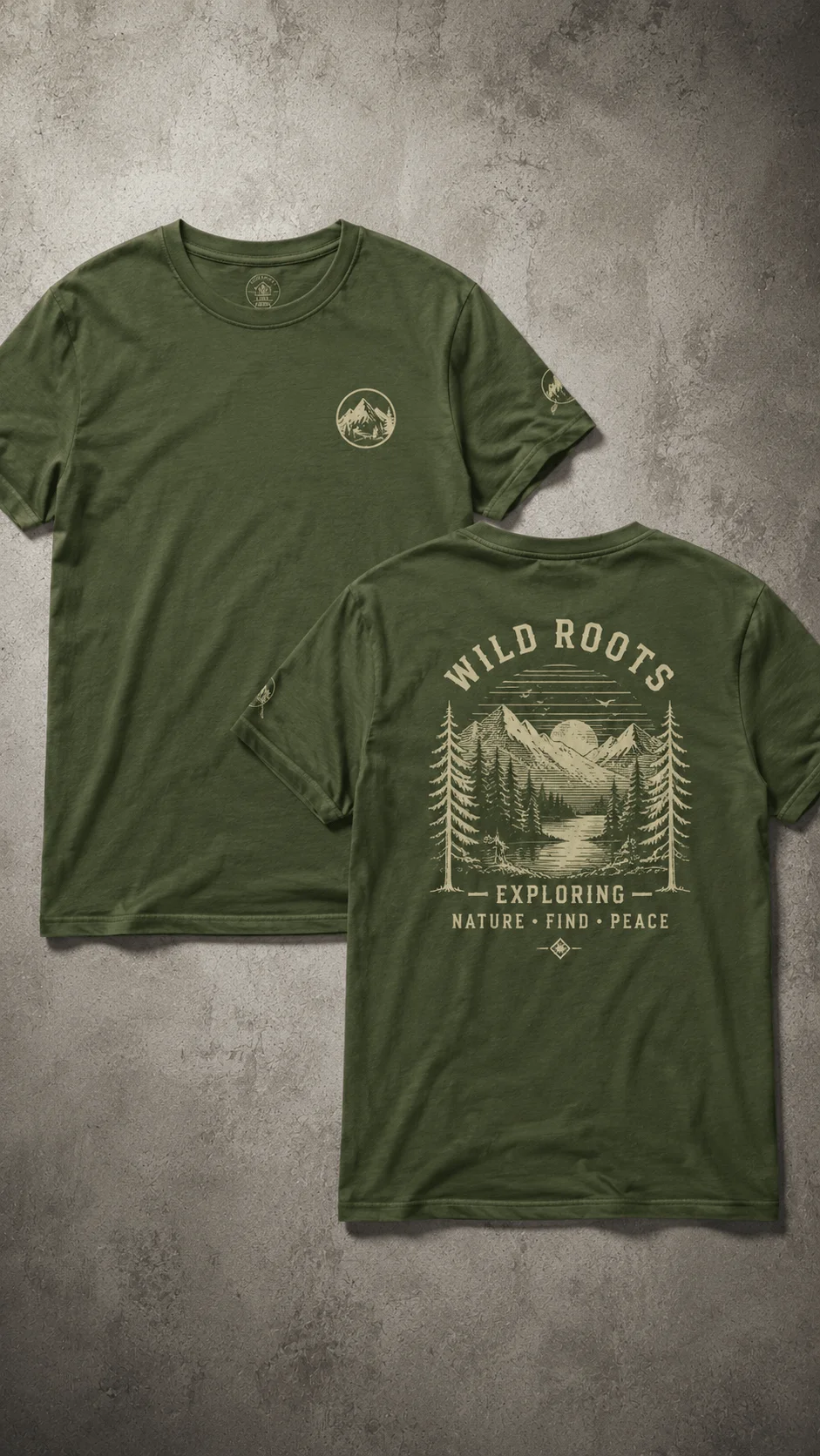 Green tshirt front and back design template featuring minimalist mountain chest logo with large Wild Roots outdoor landscape back graphic showcasing forest mountains and lake in a realistic apparel mockup